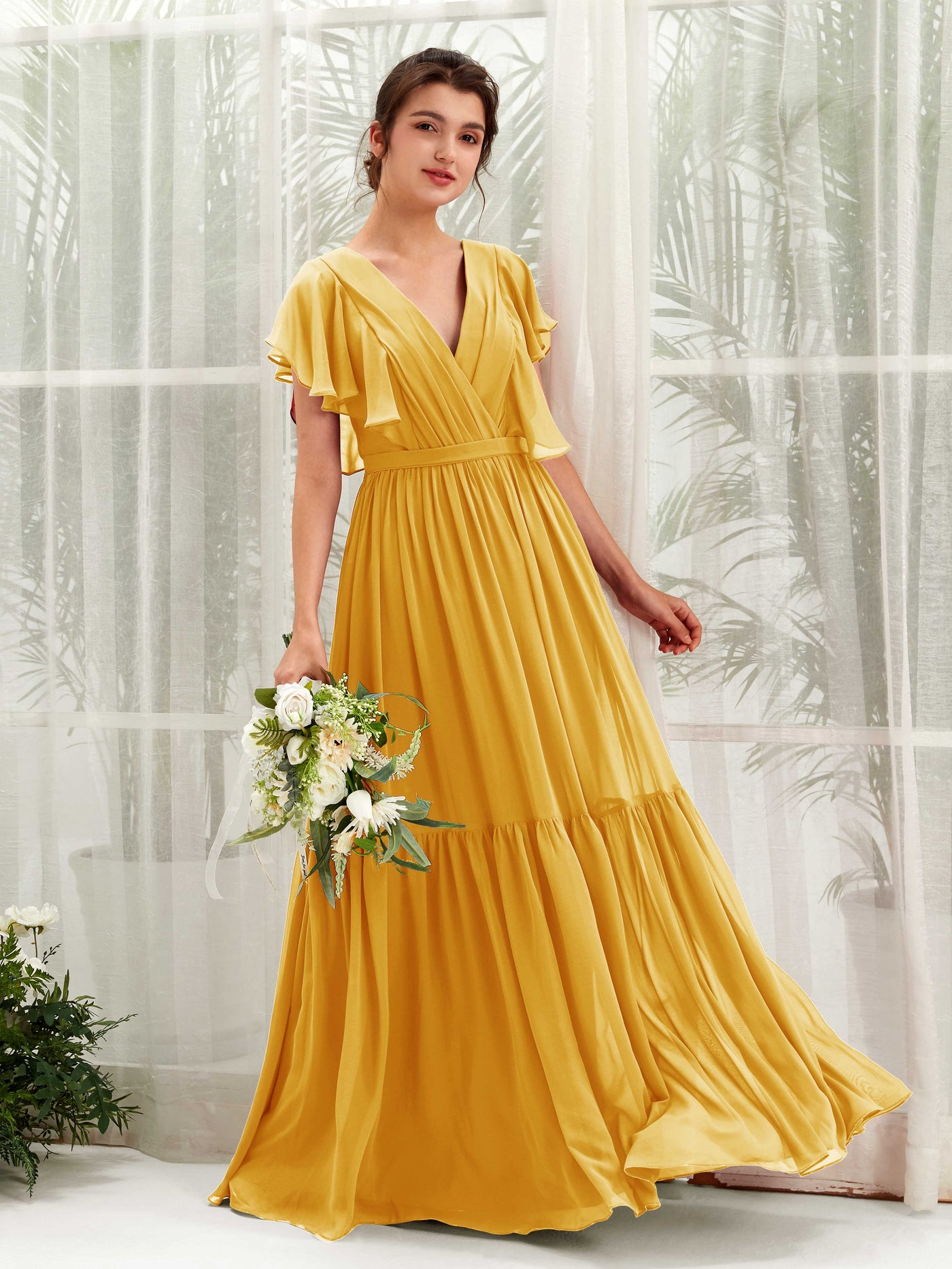 Carlyna Robe trapèze col V manches papillon longueur ras du sol demoiselle d'honneur Jaune Moutard #couleur_jaune-moutard