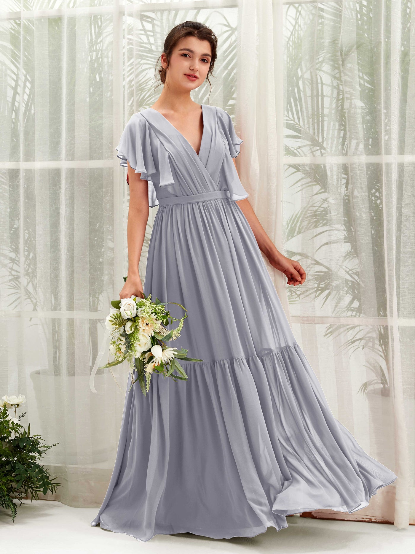 Carlyna Robe trapèze col V manches papillon longueur ras du sol demoiselle d'honneur Lavande Poudrée #couleur_lavande-poudr-e