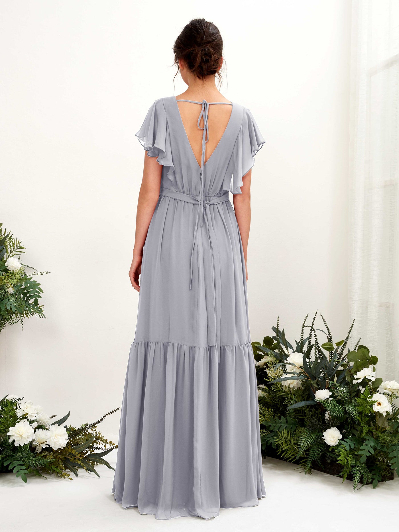 Carlyna Robe trapèze col V manches papillon longueur ras du sol demoiselle d'honneur Lavande Poudrée #couleur_lavande-poudr-e