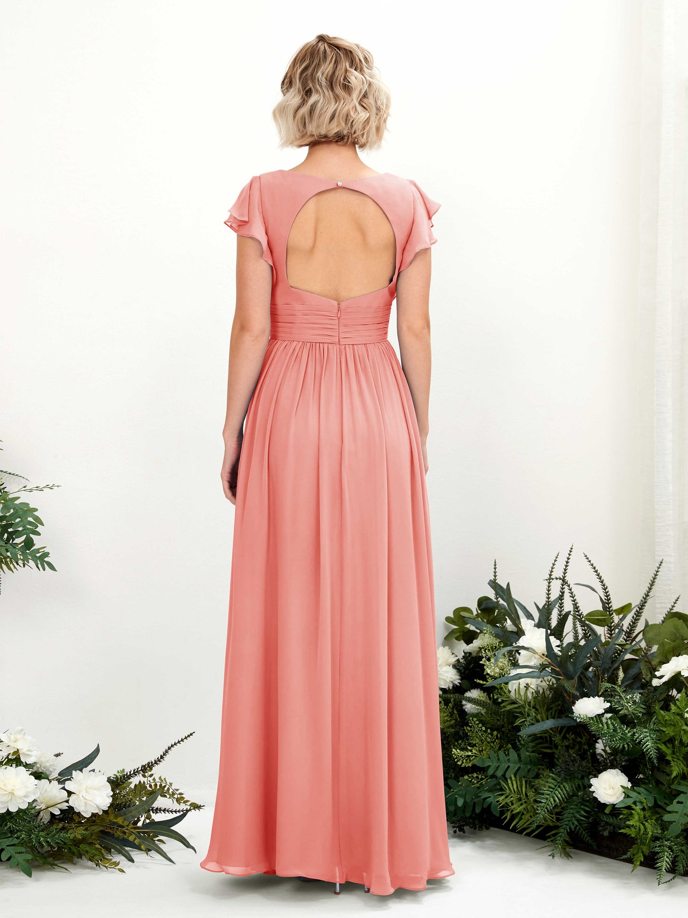 Carlyna Robe Trapèze Col V Manches papillon Longueur ras du sol Demoiselle d'honneur Rose Pêche #couleur_rose-p-che