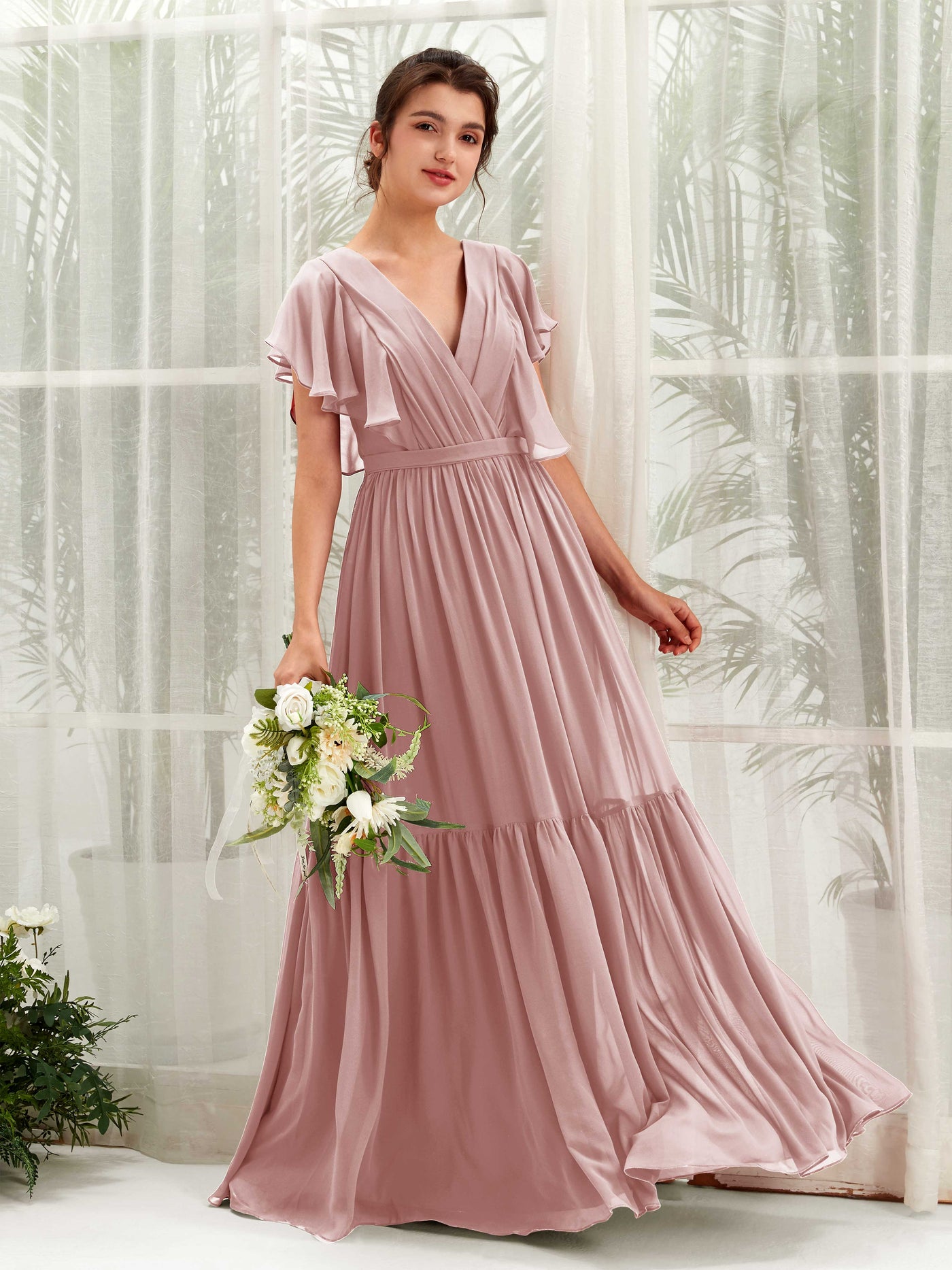 Carlyna Robe trapèze col V manches papillon longueur ras du sol demoiselle d'honneur Rose Poussiéreux #couleur_rose-poussi-reux