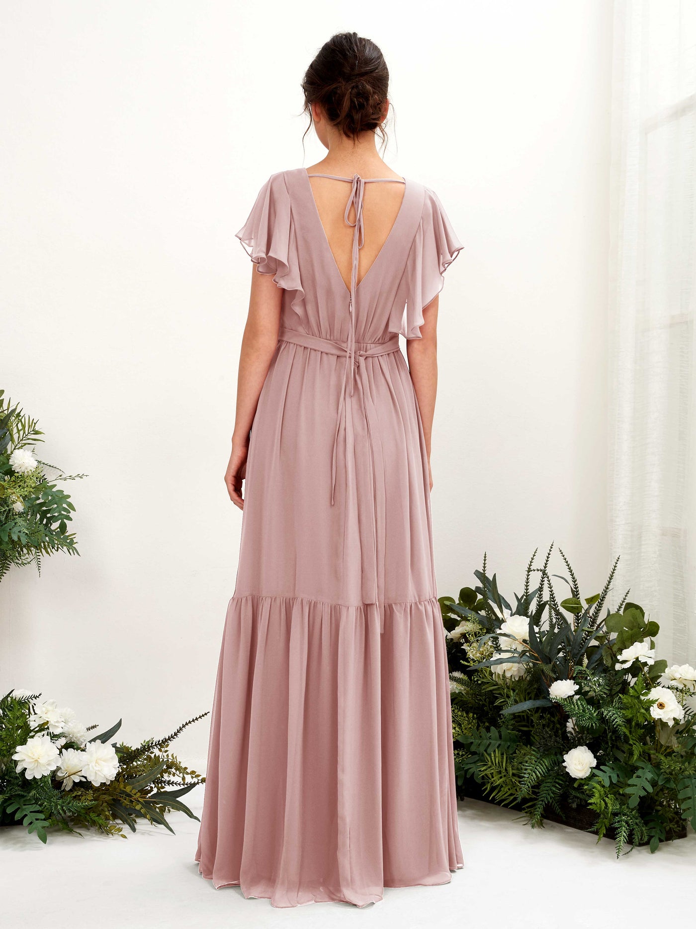 Carlyna Robe trapèze col V manches papillon longueur ras du sol demoiselle d'honneur Rose Poussiéreux #couleur_rose-poussi-reux