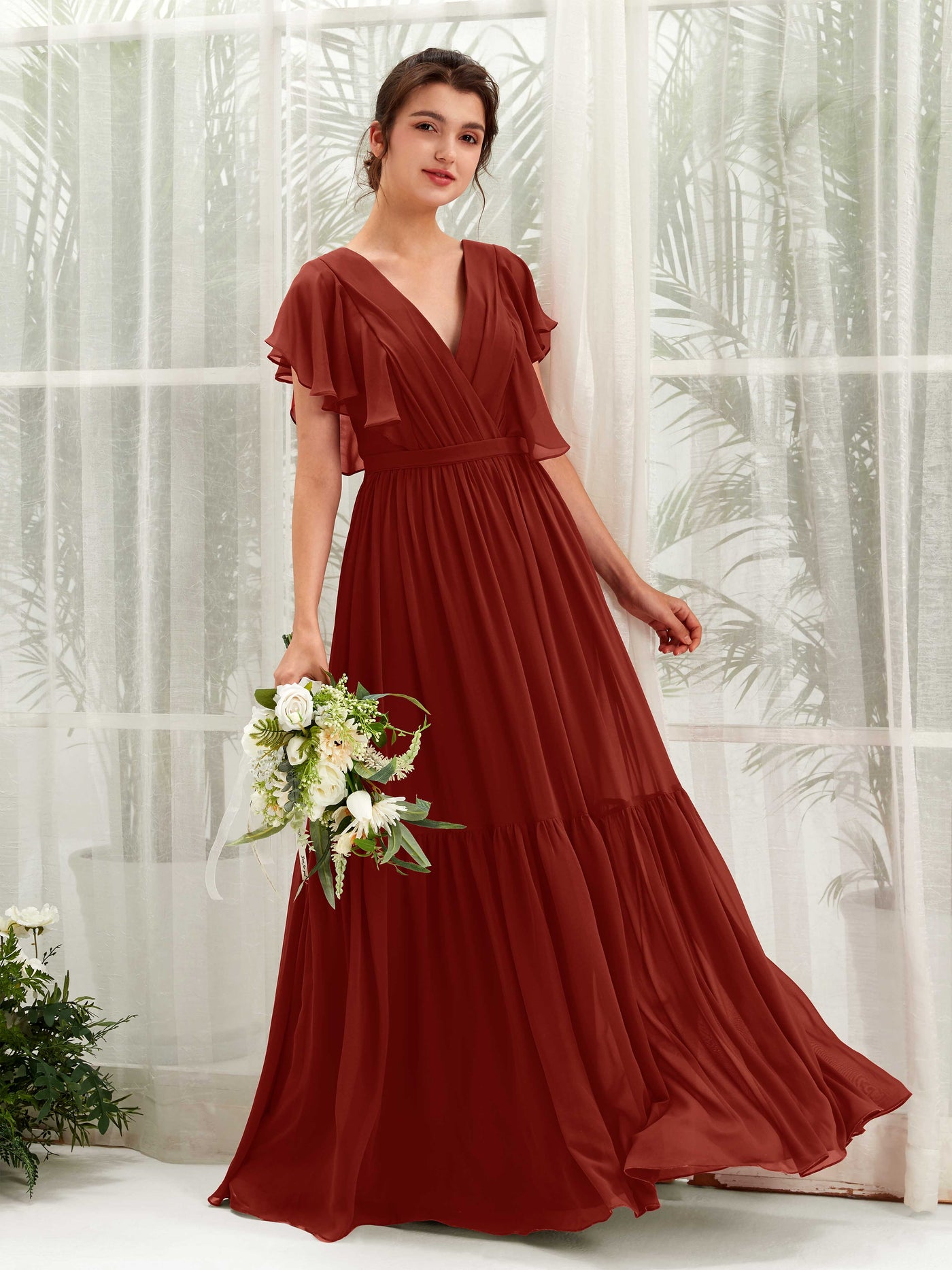 Carlyna Robe trapèze col V manches papillon longueur ras du sol demoiselle d'honneur Rouille #couleur_rouille