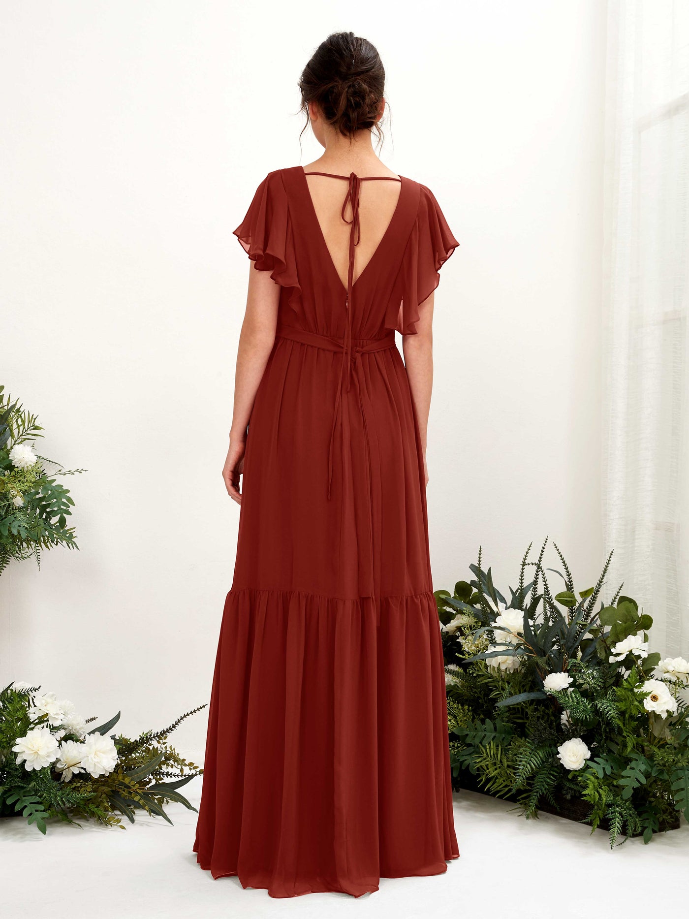 Carlyna Robe trapèze col V manches papillon longueur ras du sol demoiselle d'honneur Rouille #couleur_rouille