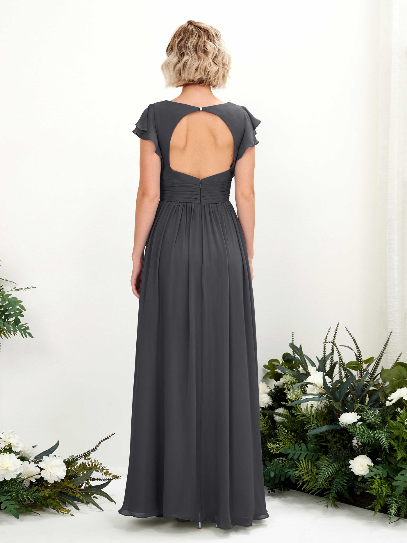 Carlyna Robe Trapèze Col V Manches papillon Longueur ras du sol Demoiselle d'honneur Étain #couleur_tain