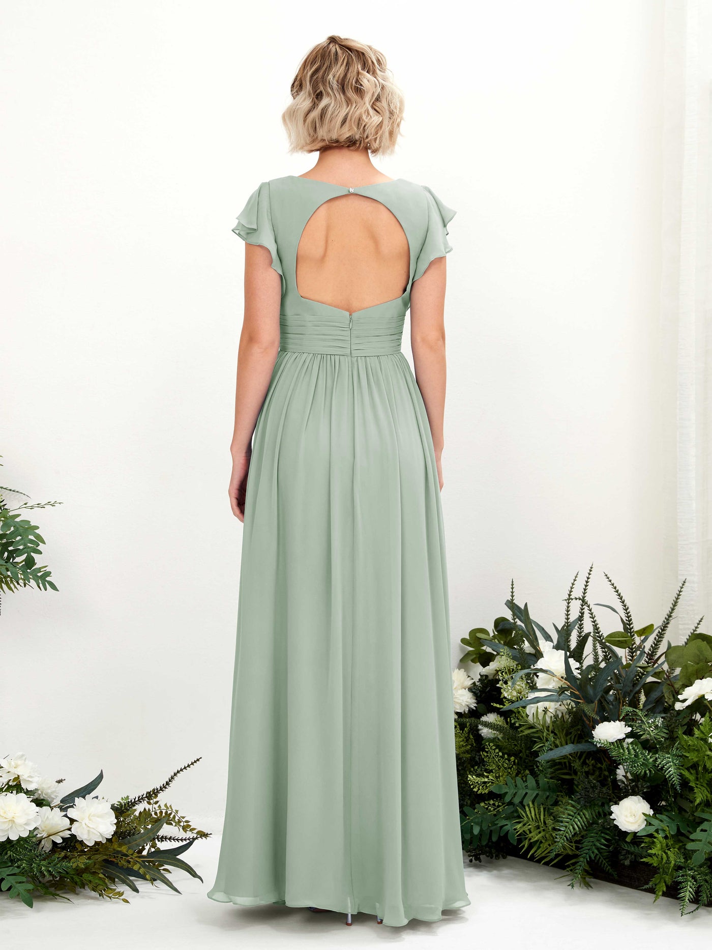 Carlyna Robe Trapèze Col V Manches papillon Longueur ras du sol Demoiselle d'honneur Vert Sauge Foncé #couleur_vert-sauge-fonc