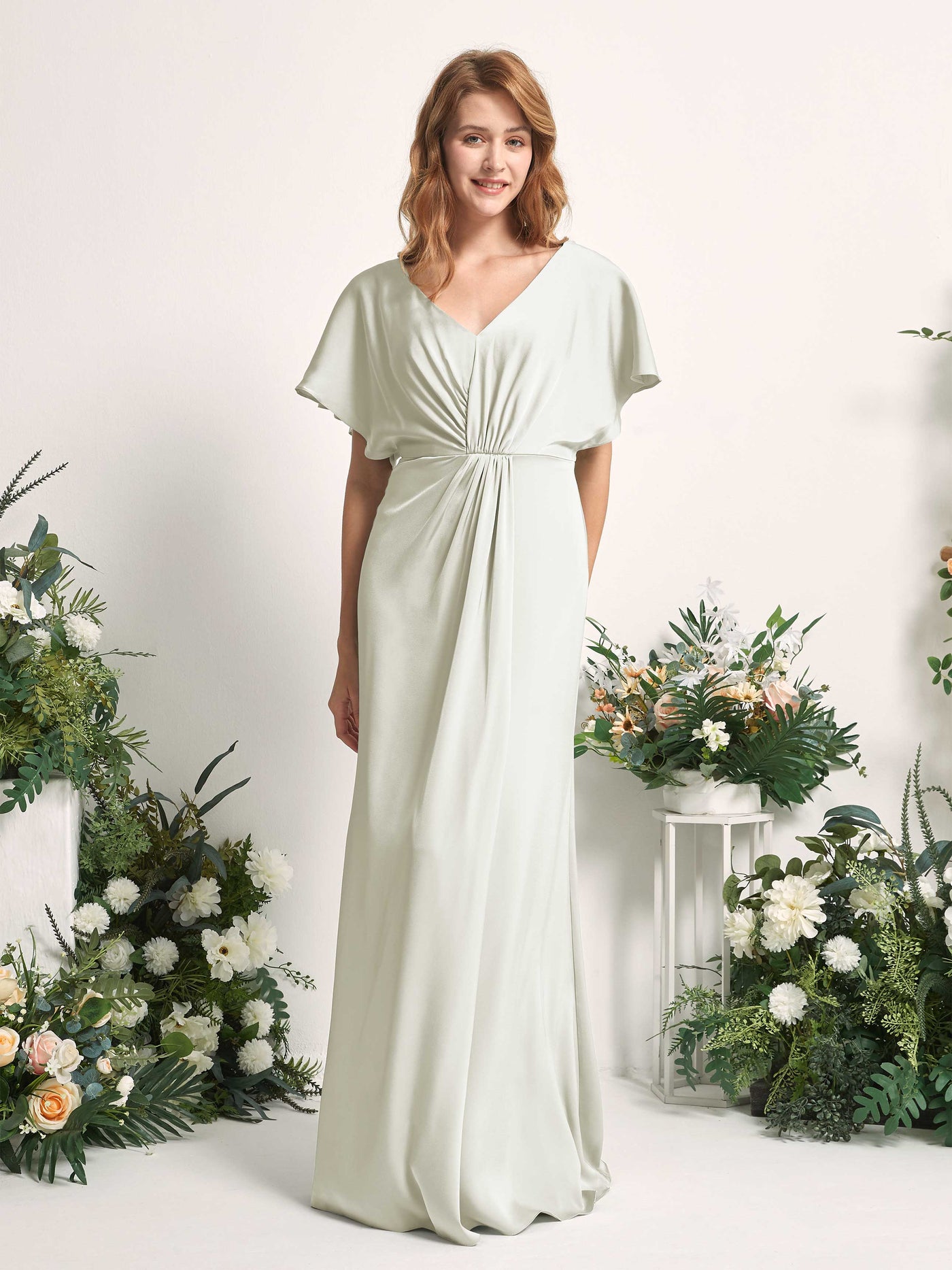 Carlyna Robe trapèze col V manches papillon robe de demoiselle d'honneur longueur ras du sol Ivoire #couleur_ivoire