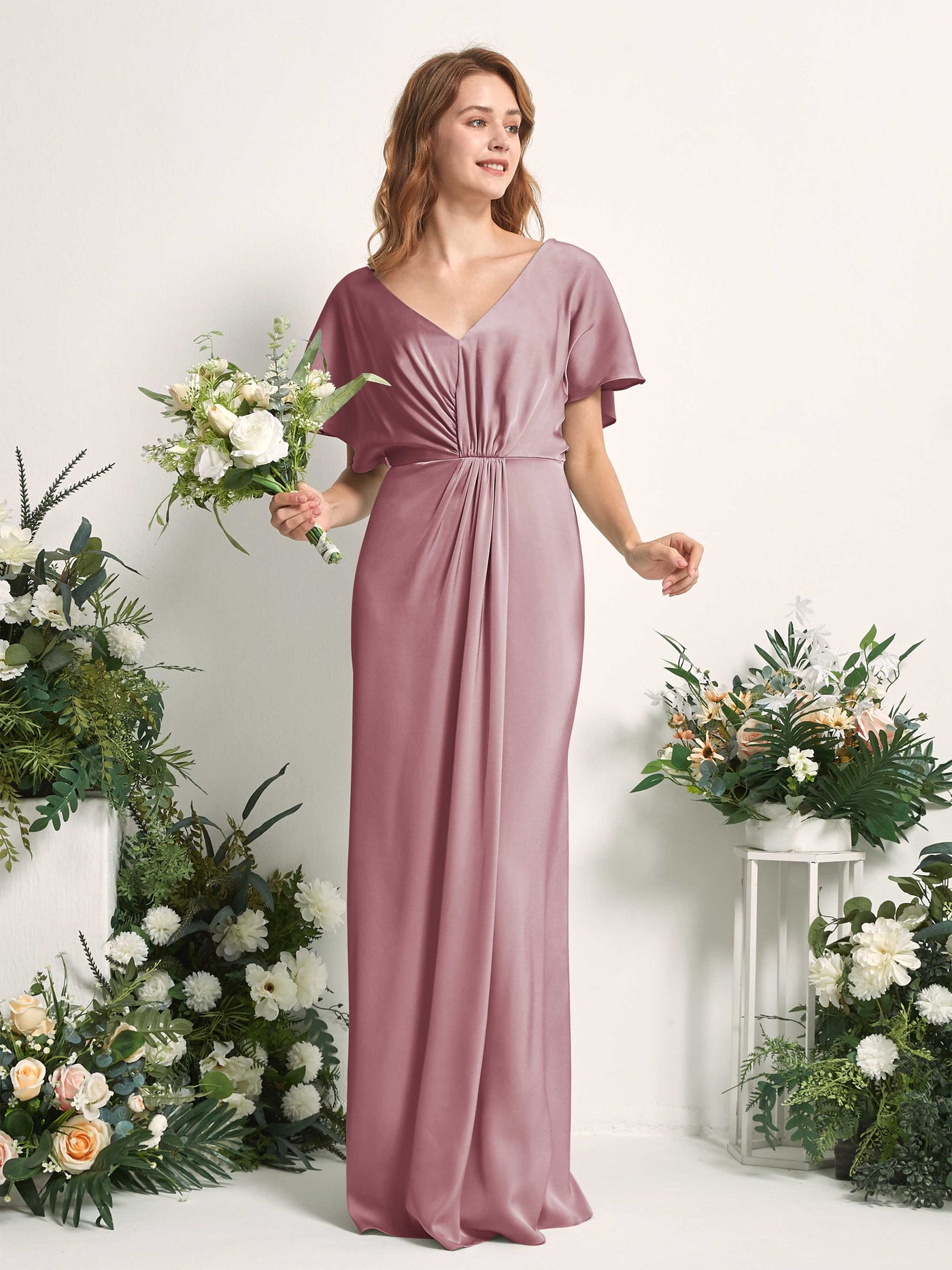 Carlyna Robe trapèze col V manches papillon robe de demoiselle d'honneur longueur ras du sol Quartz Rose #couleur_quartz-rose