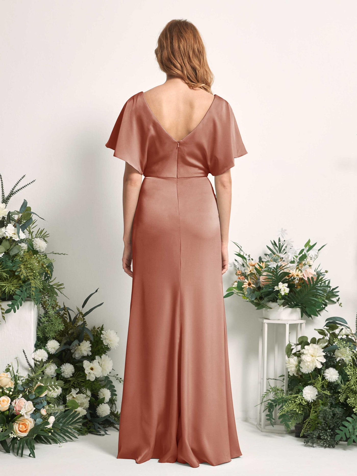 Carlyna Robe trapèze col V manches papillon robe de demoiselle d'honneur longueur ras du sol Terre De Sienne Brute #couleur_terre-de-sienne-brute