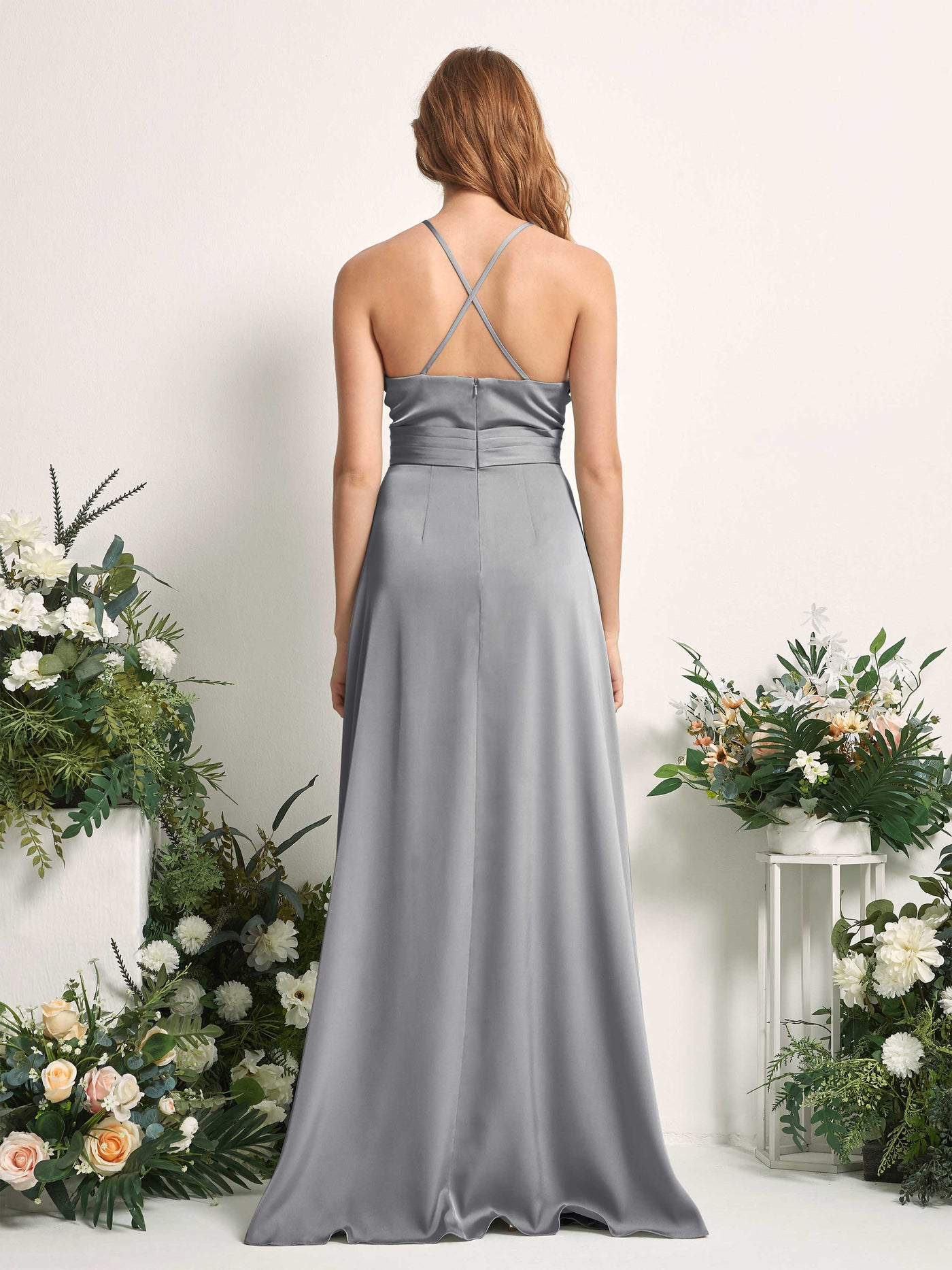 Carlyna Robe trapèze col V satin demoiselle d'honneur Gris Acier #couleur_gris-acier