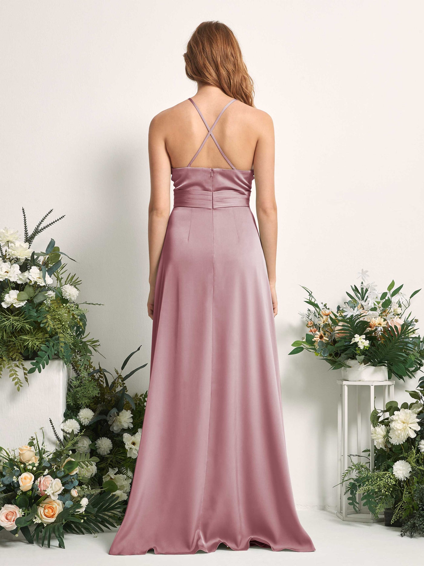 Carlyna Robe trapèze col V satin demoiselle d'honneur Quartz Rose #couleur_quartz-rose