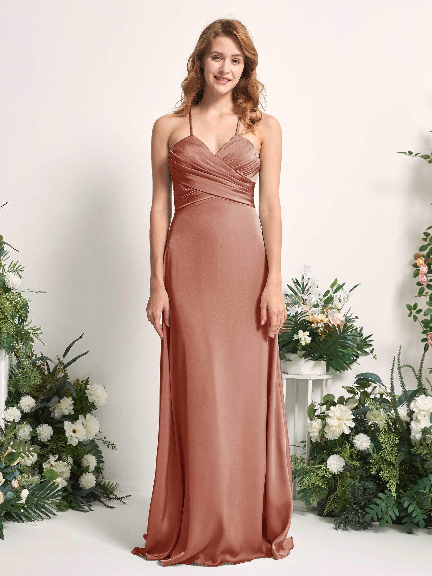 Carlyna Robe trapèze col V satin demoiselle d'honneur Terre De Sienne Brute #couleur_terre-de-sienne-brute