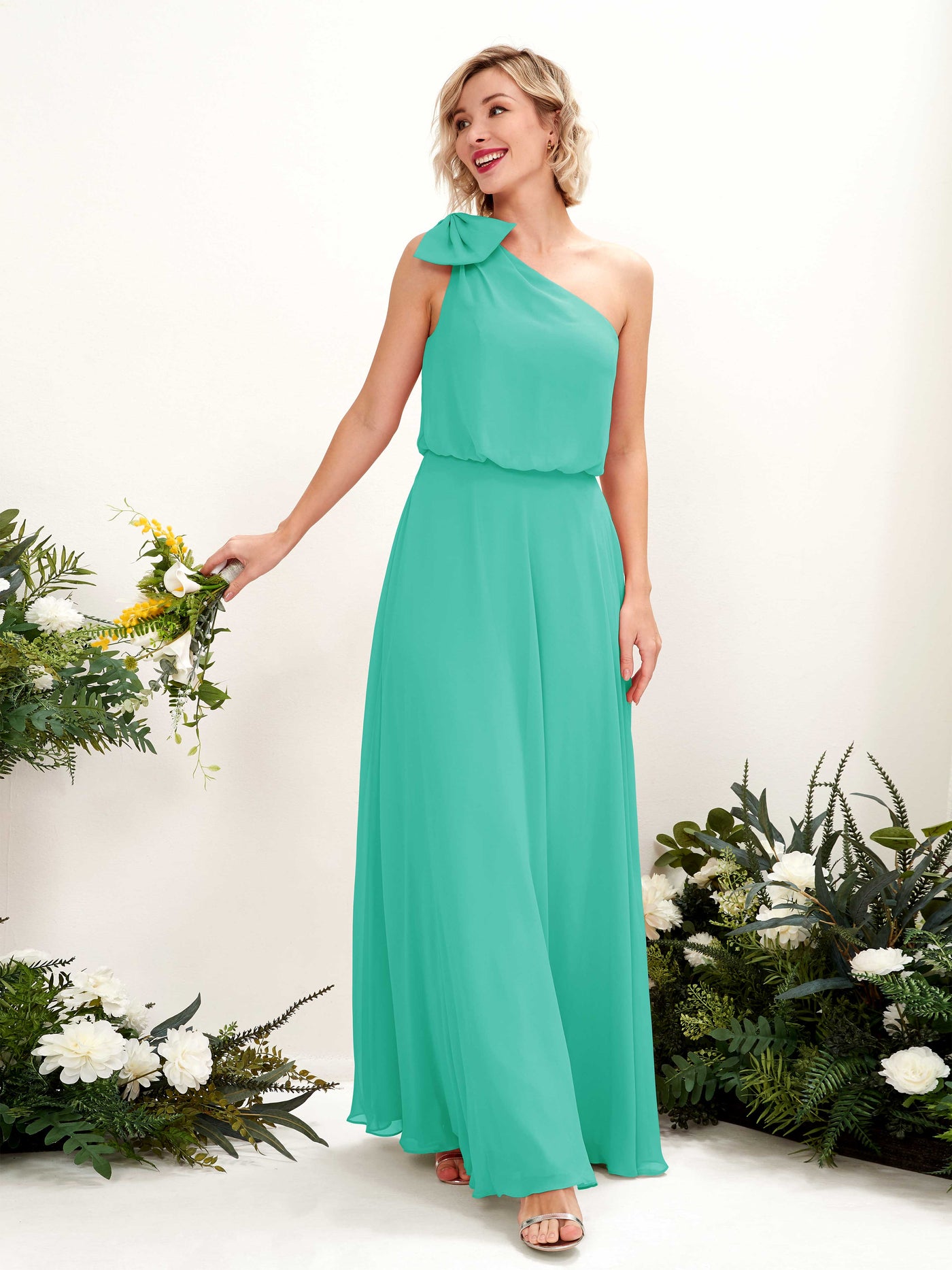 Carlyna Robe trapèze décolleté asymétrique longueur ras du sol demoiselle d'honneur Bleu Tiffany #couleur_bleu-tiffany