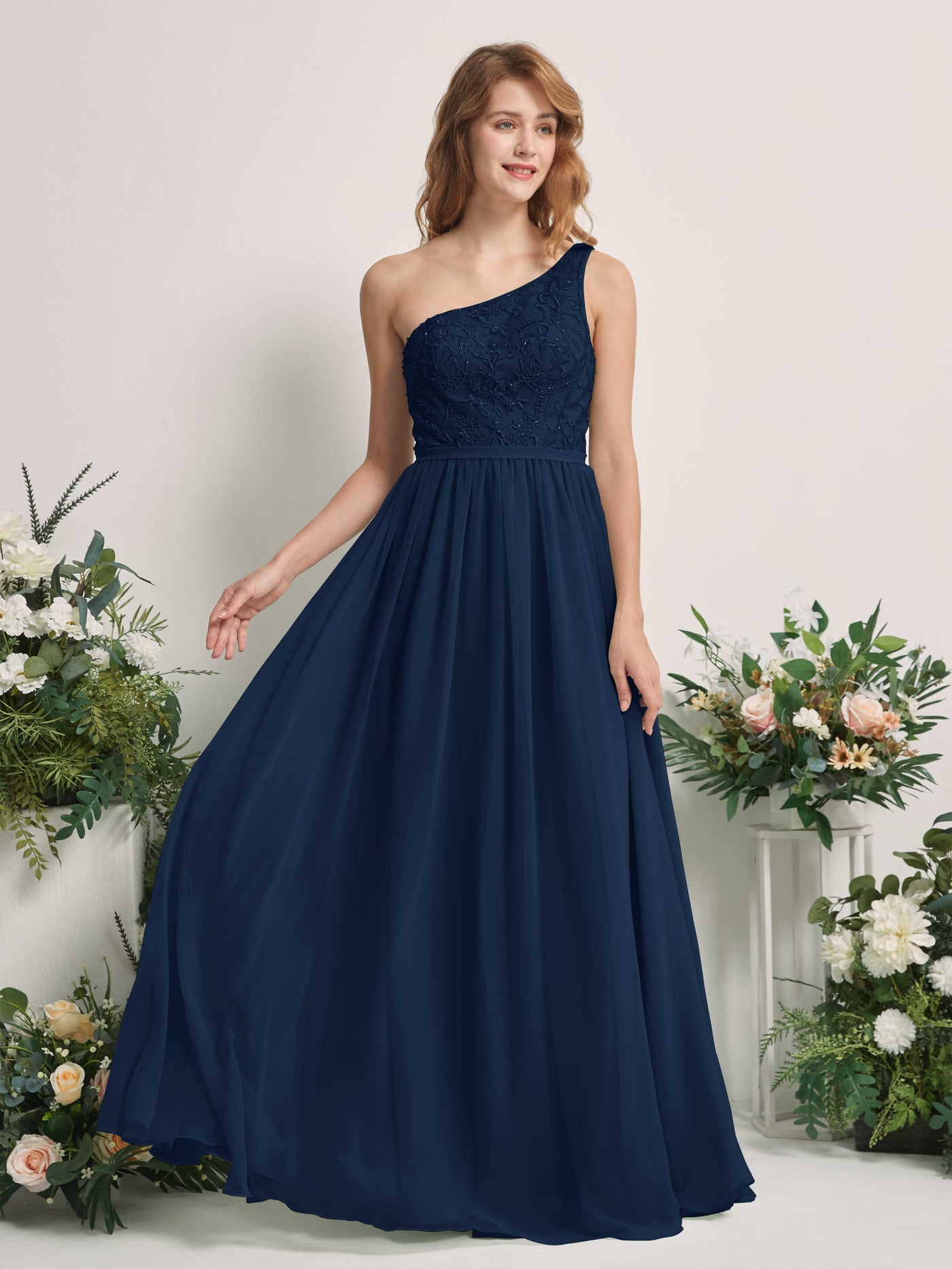 Carlyna Robe trapèze Décolleté asymétrique Longueur ras du sol Mousseline demoiselle d'honneur Bleu Marine #couleur_bleu-marine