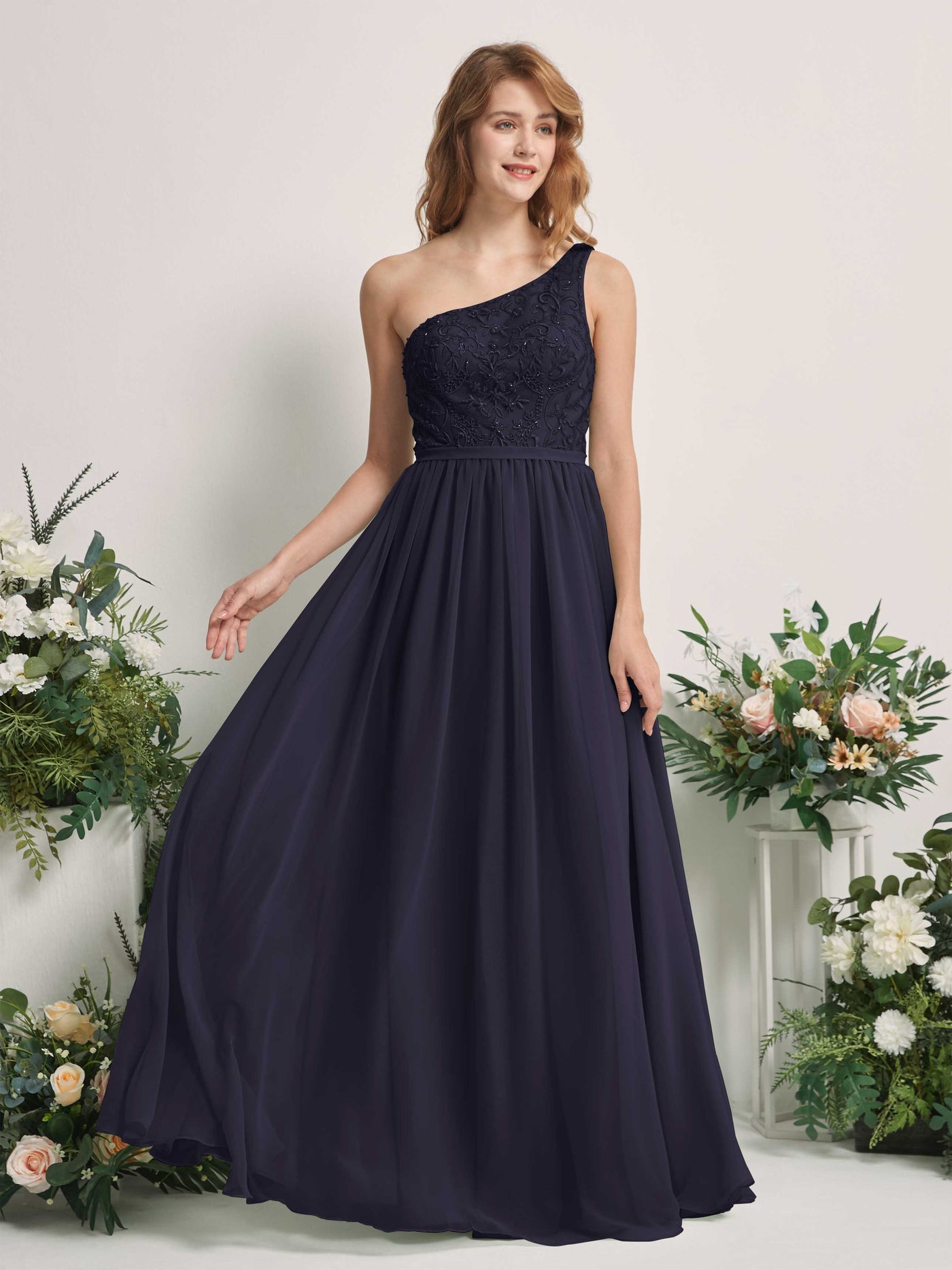 Carlyna Robe trapèze Décolleté asymétrique Longueur ras du sol Mousseline demoiselle d'honneur Bleu Marine Foncé #couleur_bleu-marine-fonc