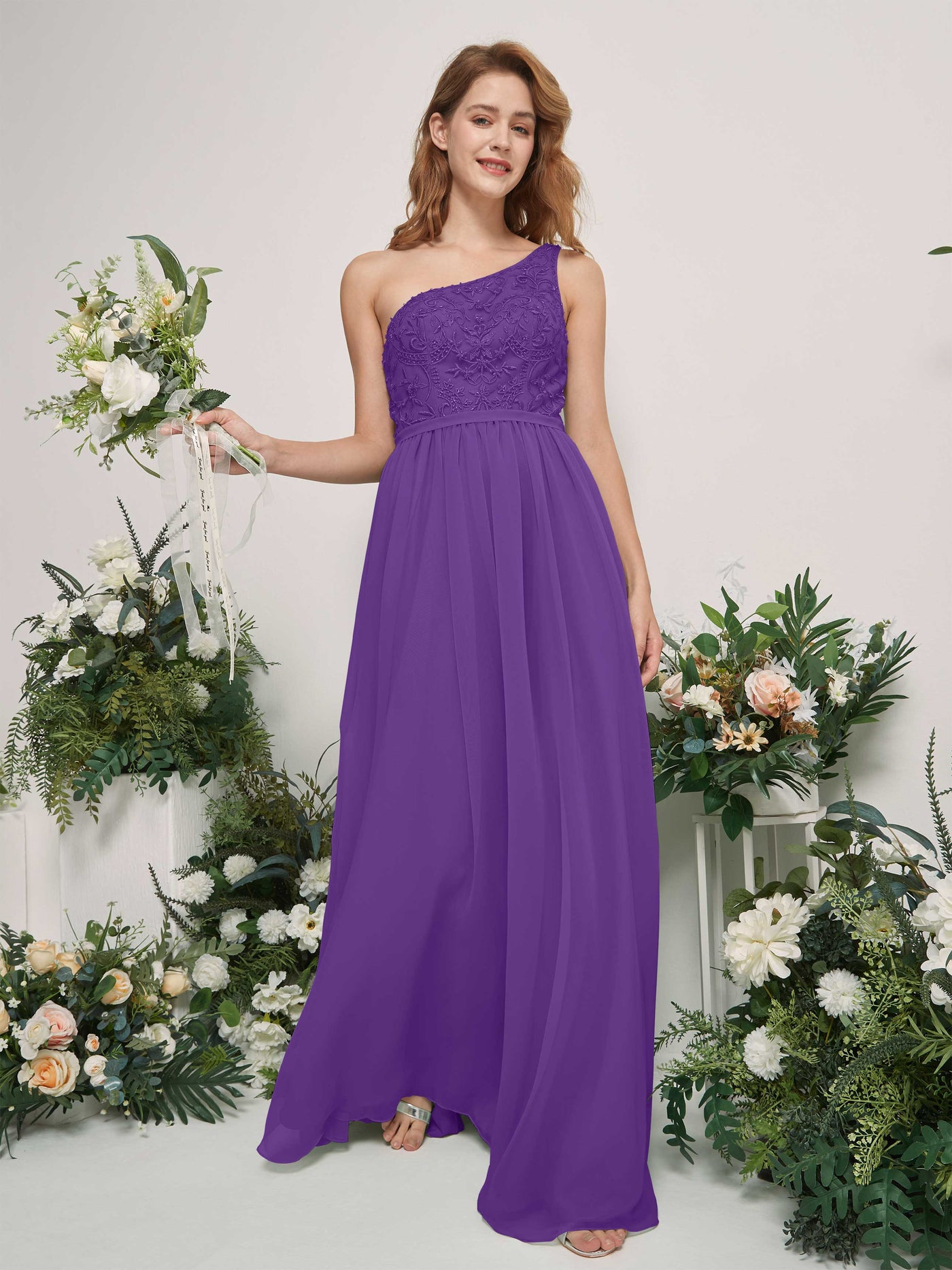 Carlyna Robe trapèze Décolleté asymétrique Longueur ras du sol Mousseline demoiselle d'honneur Régence #couleur_r-gence