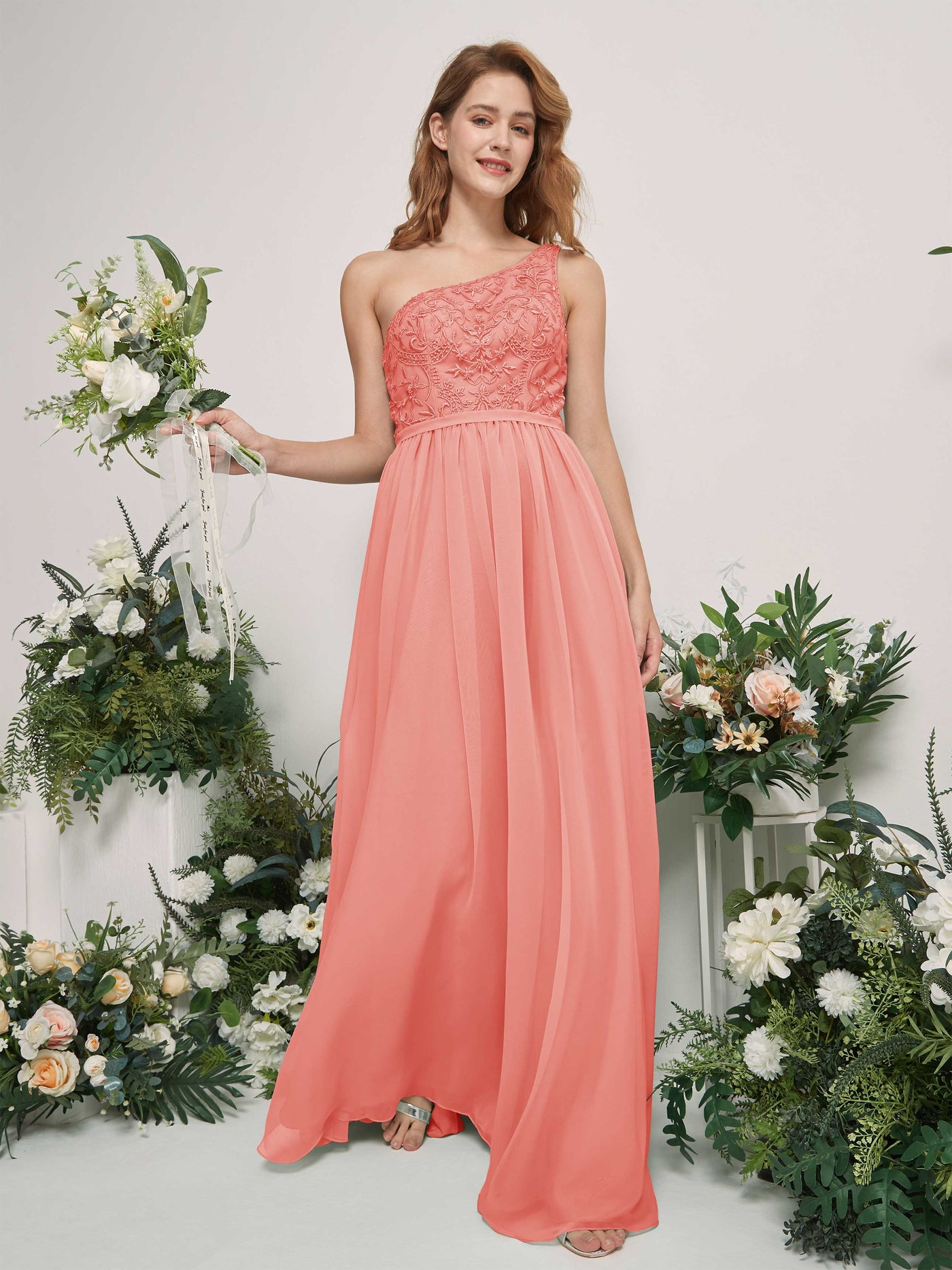 Carlyna Robe trapèze Décolleté asymétrique Longueur ras du sol Mousseline demoiselle d'honneur Rose Pêche #couleur_rose-p-che