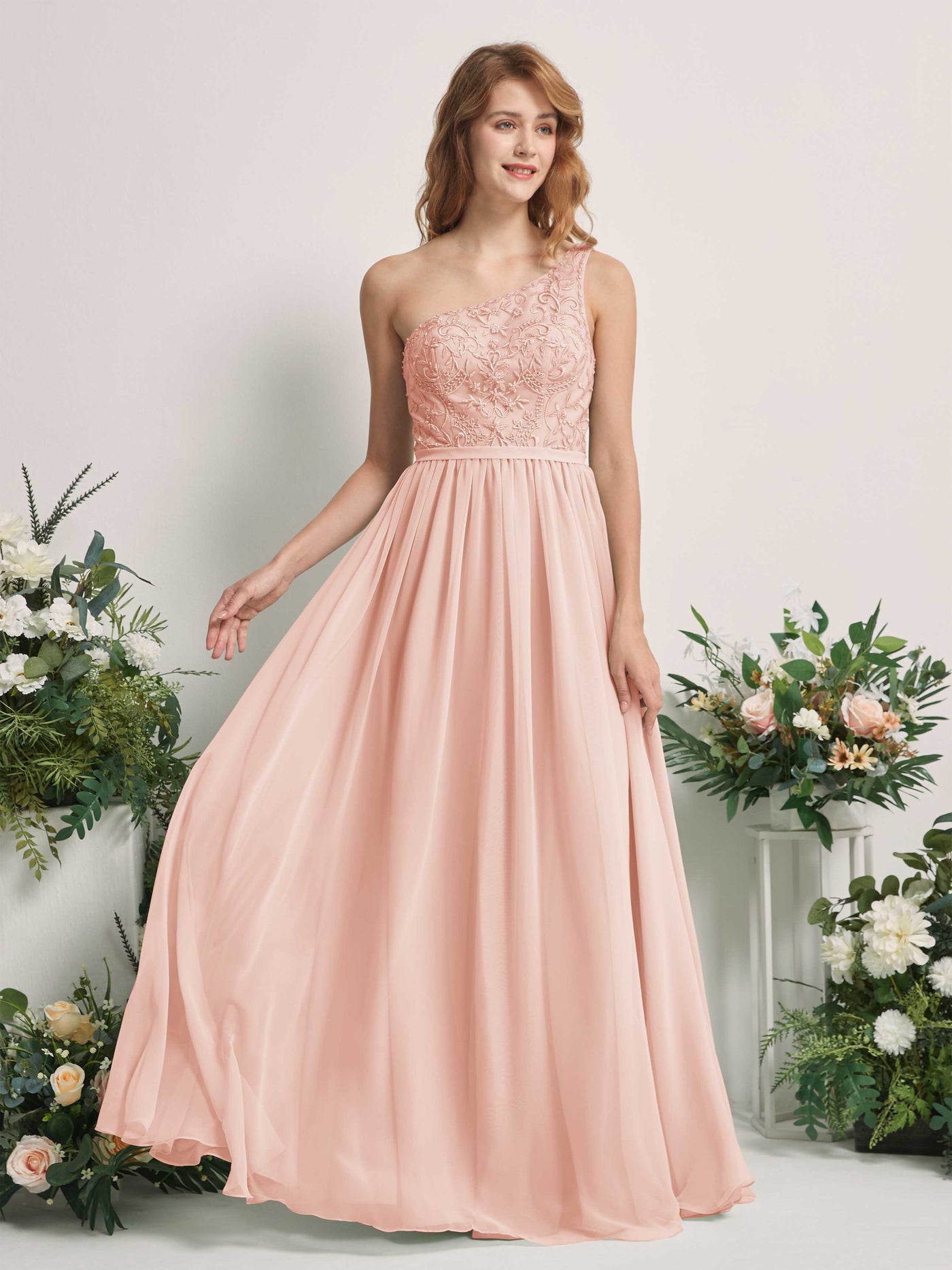 Carlyna Robe trapèze Décolleté asymétrique Longueur ras du sol Mousseline demoiselle d'honneur Rose Perle #couleur_rose-perle