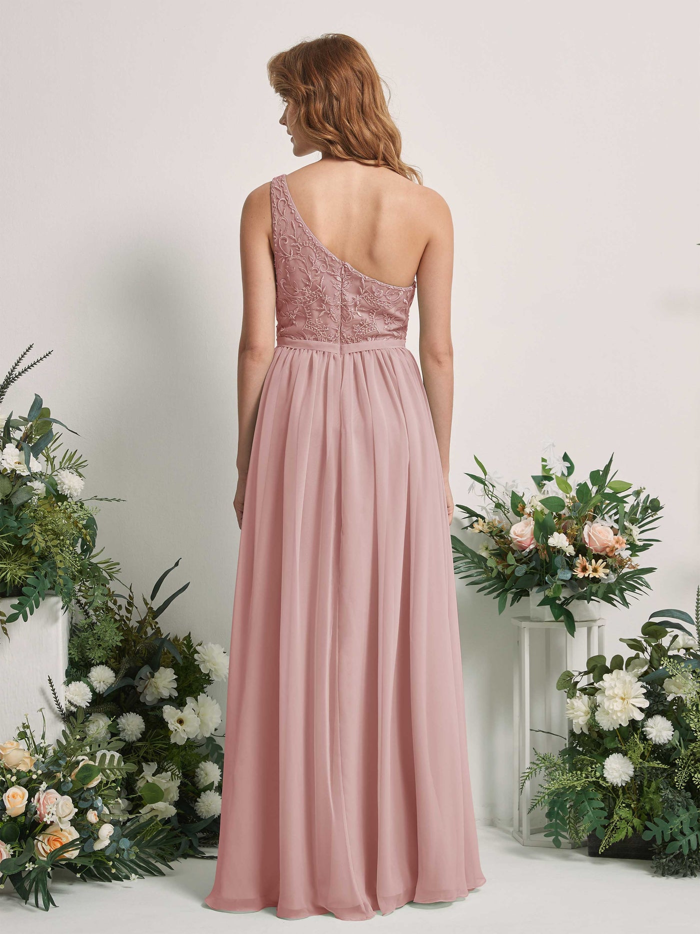 Carlyna Robe trapèze Décolleté asymétrique Longueur ras du sol Mousseline demoiselle d'honneur Rose Poussiéreux #couleur_rose-poussi-reux