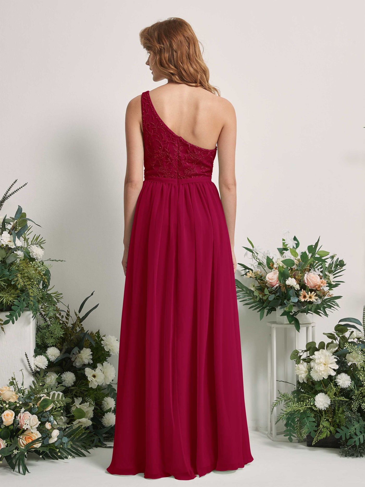 Carlyna Robe trapèze Décolleté asymétrique Longueur ras du sol Mousseline demoiselle d'honneur Rouge Bouffon #couleur_rouge-bouffon