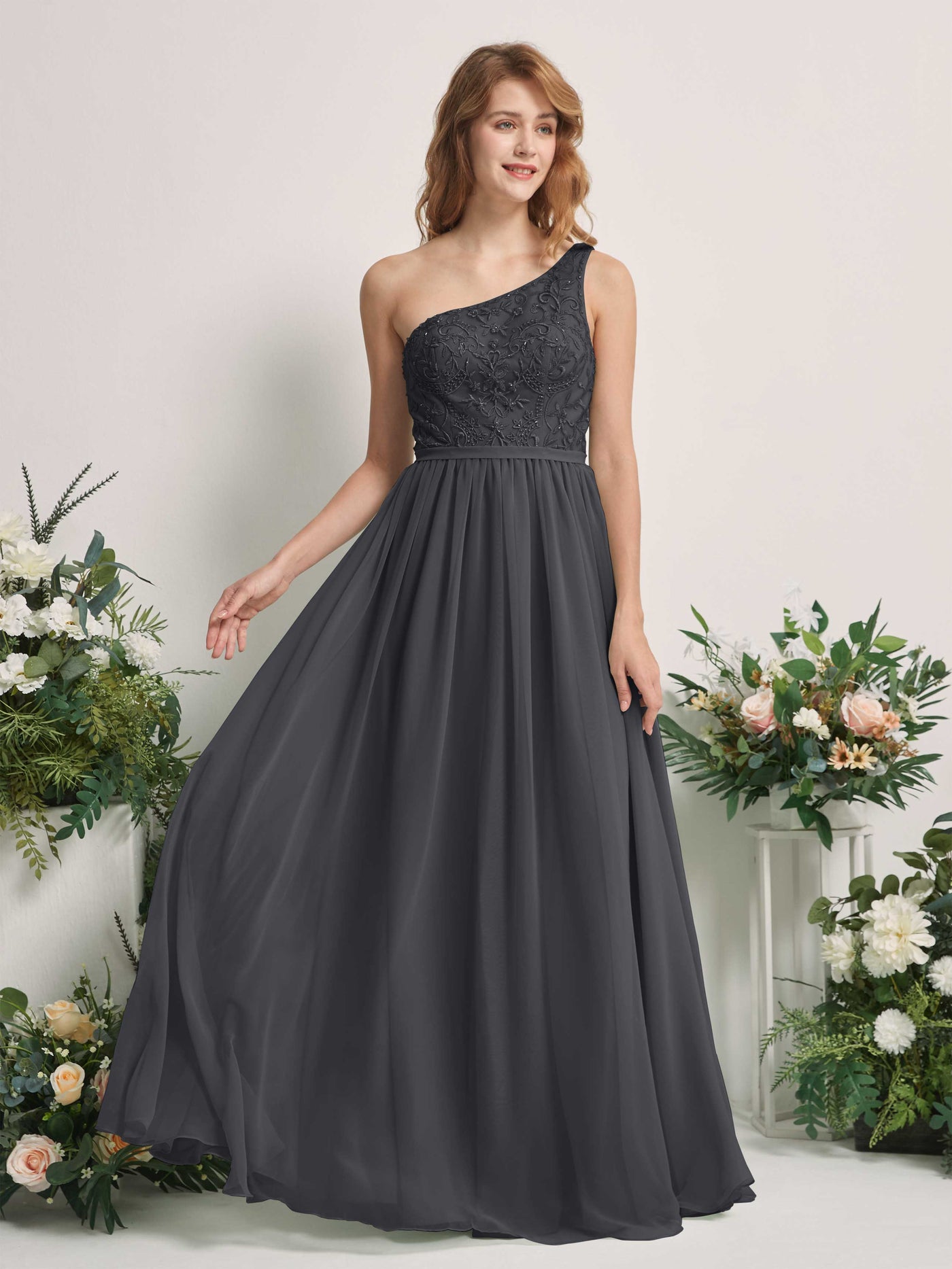 Carlyna Robe trapèze Décolleté asymétrique Longueur ras du sol Mousseline demoiselle d'honneur Étain #couleur_tain