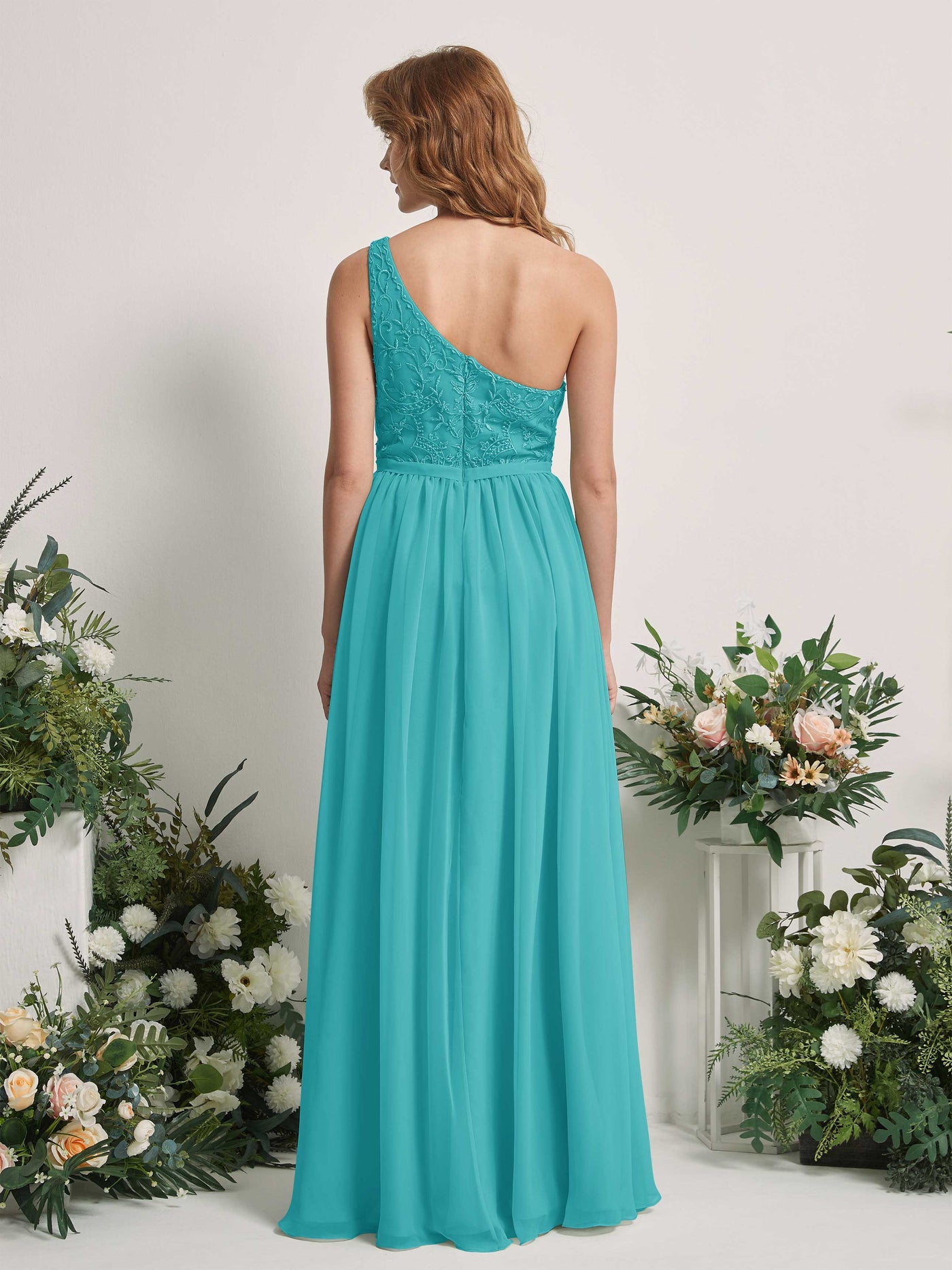 Carlyna Robe trapèze Décolleté asymétrique Longueur ras du sol Mousseline demoiselle d'honneur Turquoise #couleur_turquoise