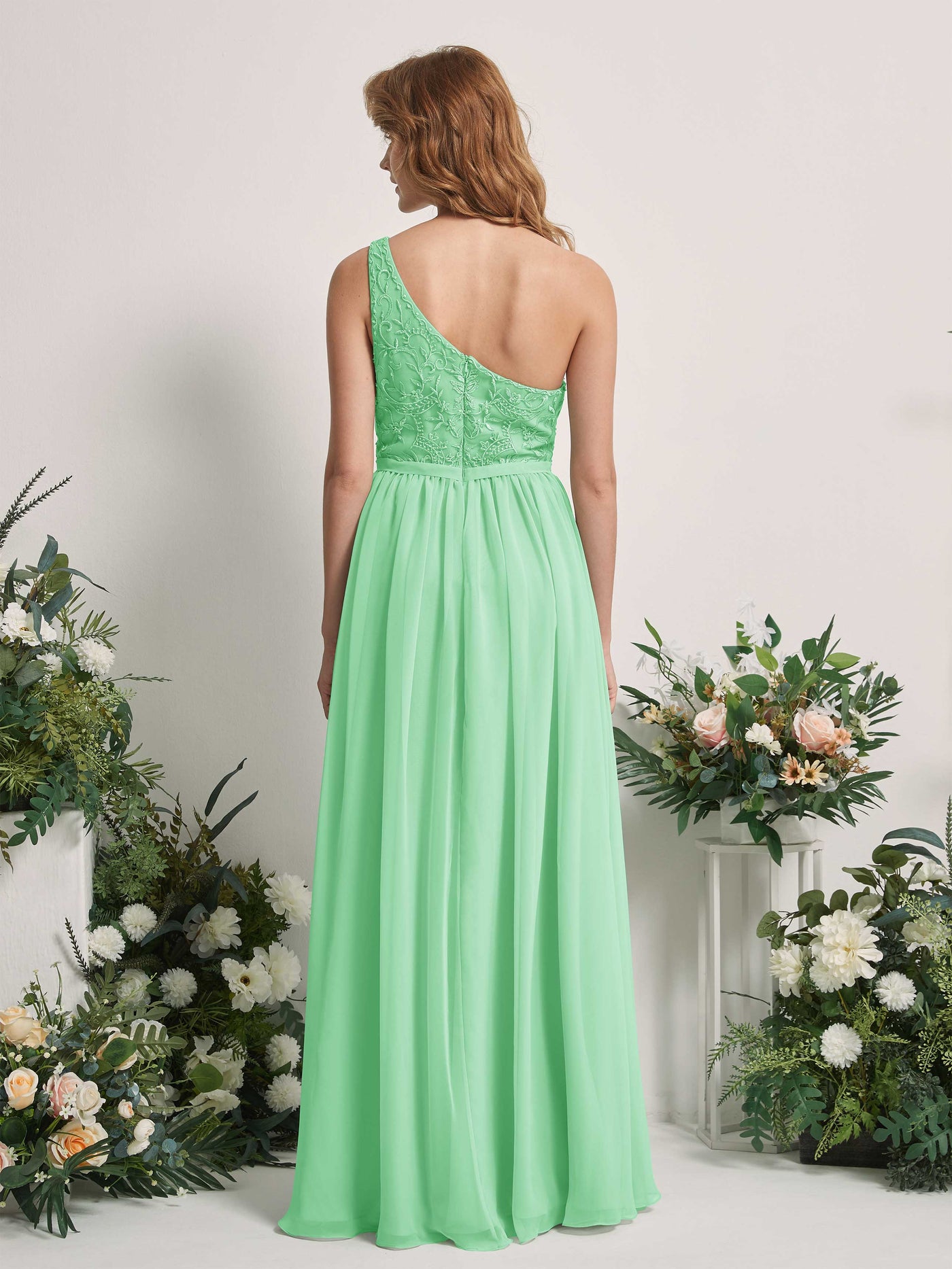Carlyna Robe trapèze Décolleté asymétrique Longueur ras du sol Mousseline demoiselle d'honneur Vert Menthe #couleur_vert-menthe