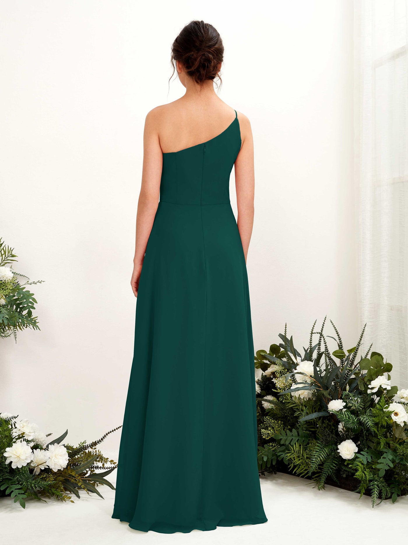 Carlyna Robe trapèze décolleté asymétrique mousseline longueur ras du sol Robes de demoiselle d'honneur Émeraude Foncé #couleur_meraude-fonc