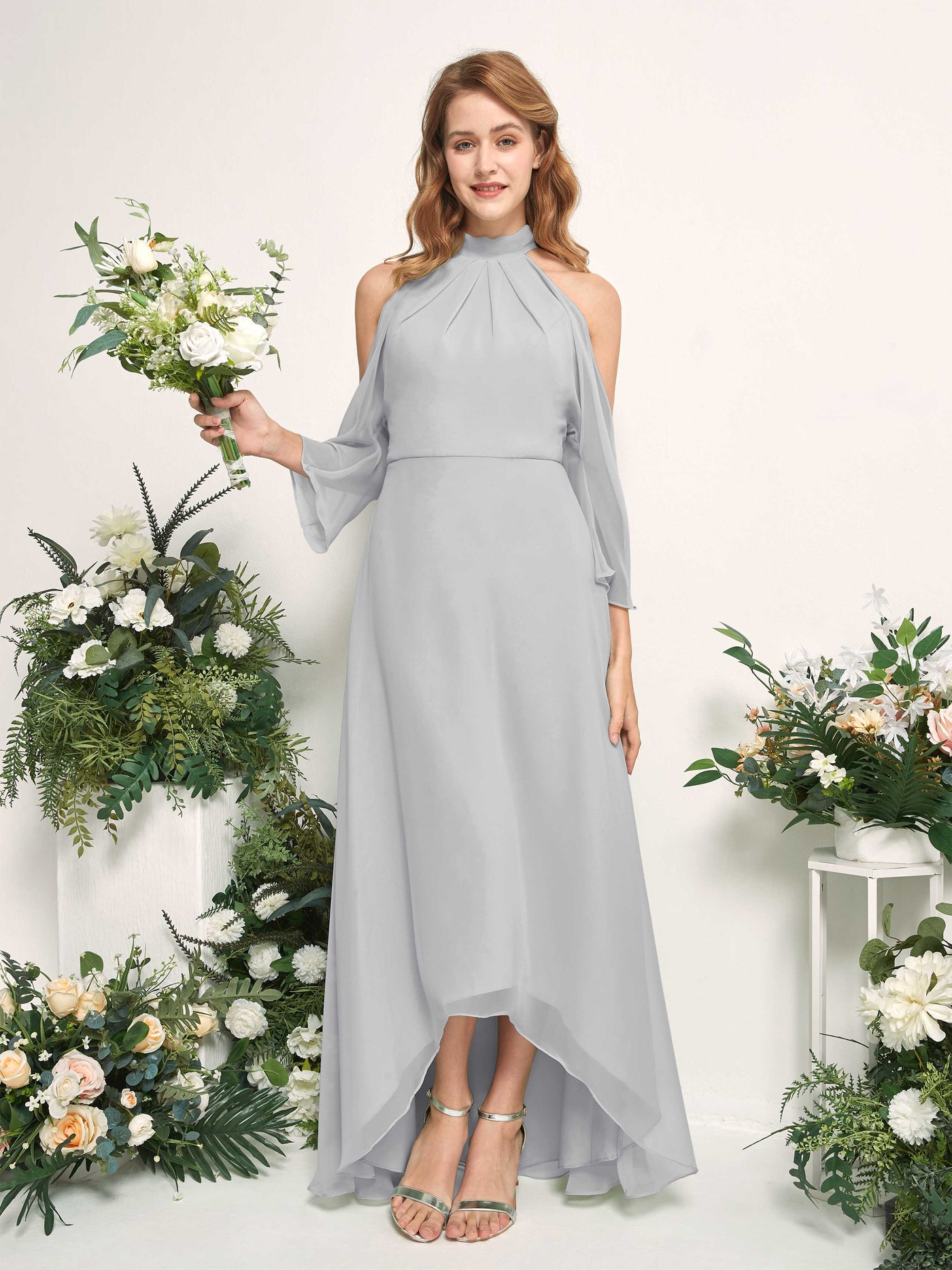 Carlyna Robe trapèze demoiselle d'honneur col rond longueur ras du sol mousseline Argent #couleur_argent
