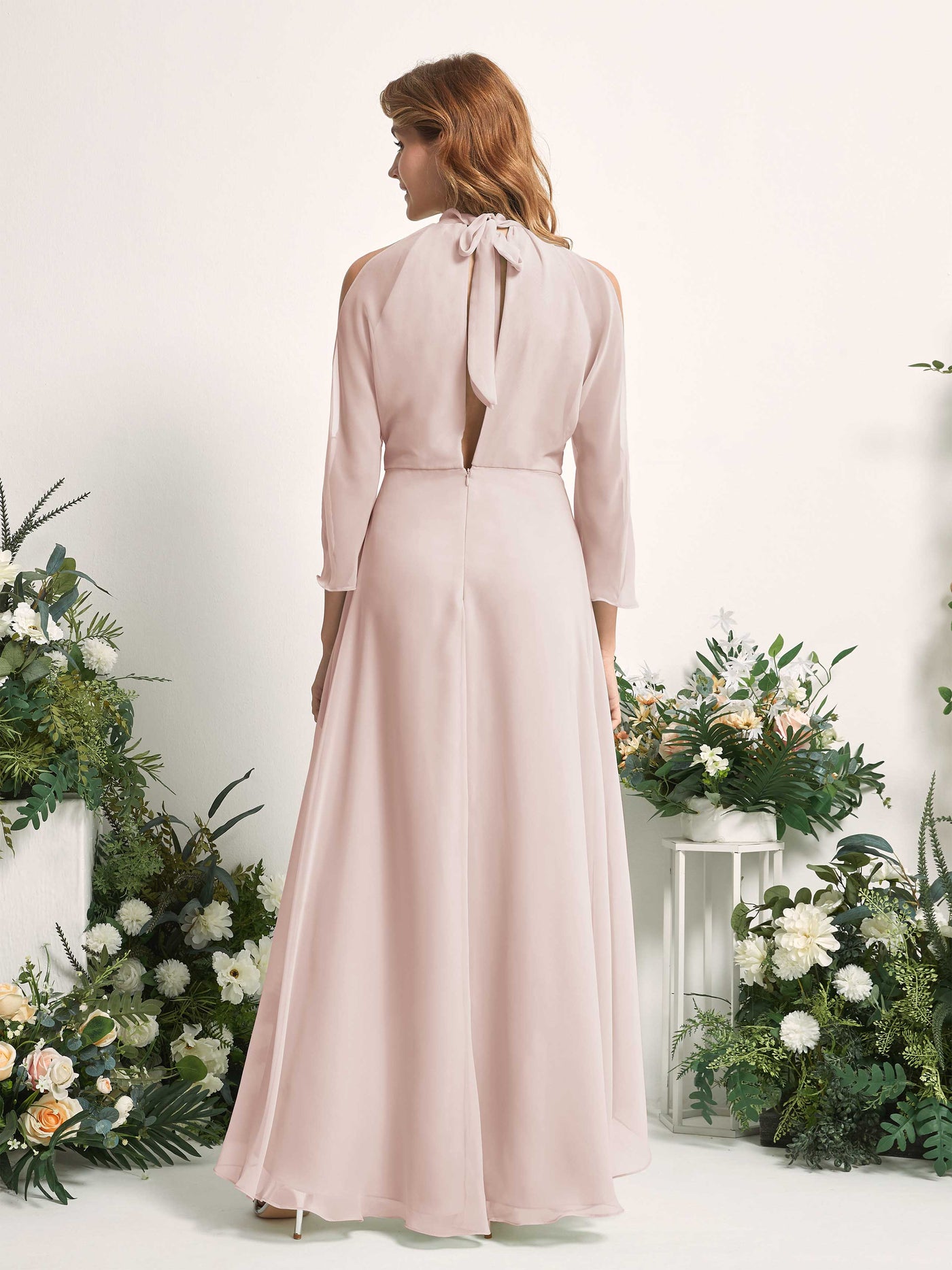 Carlyna Robe trapèze demoiselle d'honneur col rond longueur ras du sol mousseline Biscotti #couleur_biscotti