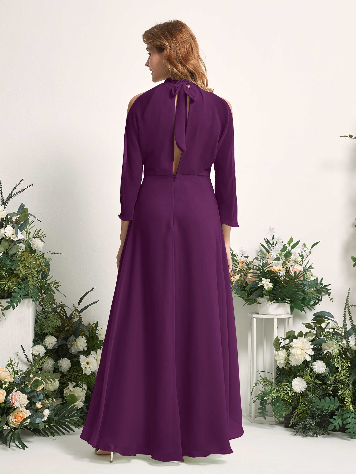 Carlyna Robe trapèze demoiselle d'honneur col rond longueur ras du sol mousseline Pourpre #couleur_pourpre
