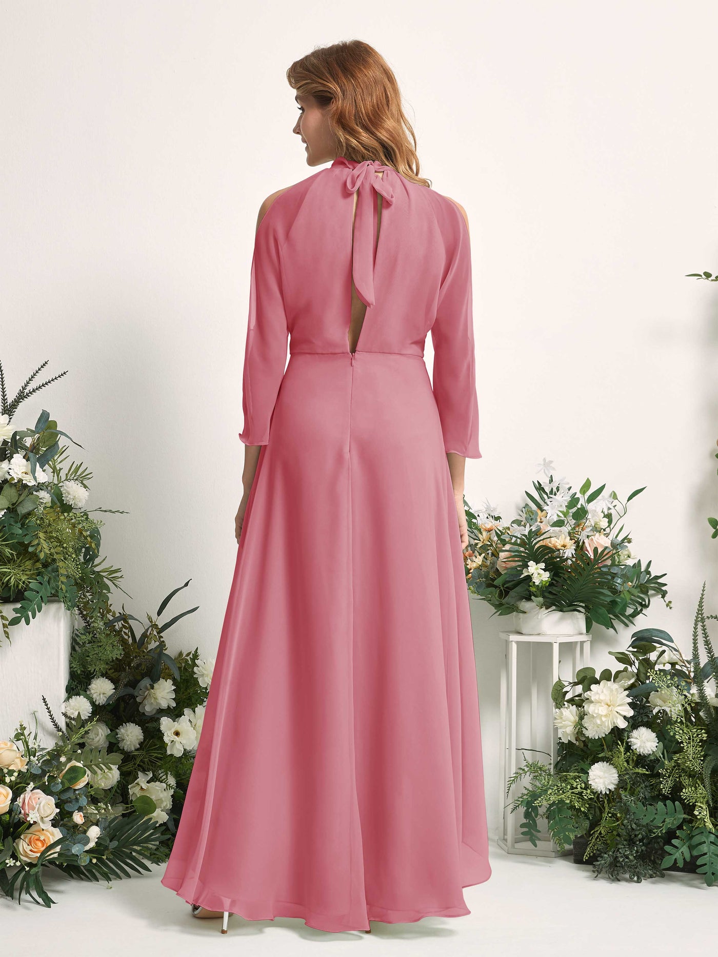 Carlyna Robe trapèze demoiselle d'honneur col rond longueur ras du sol mousseline Rose Du Désert #couleur_rose-du-d-sert