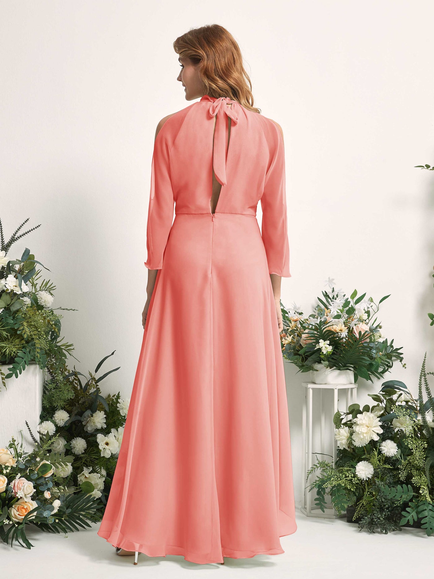 Carlyna Robe trapèze demoiselle d'honneur col rond longueur ras du sol mousseline Rose Pêche #couleur_rose-p-che