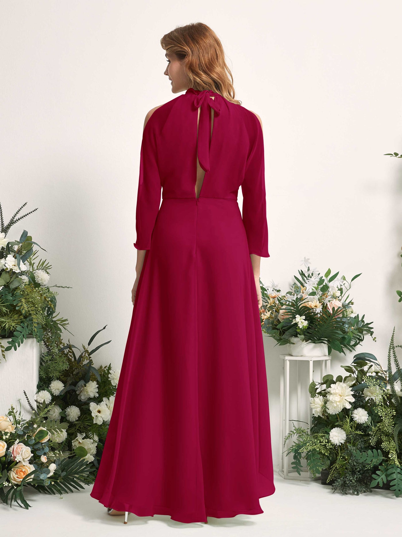 Carlyna Robe trapèze demoiselle d'honneur col rond longueur ras du sol mousseline Rouge Bouffon #couleur_rouge-bouffon