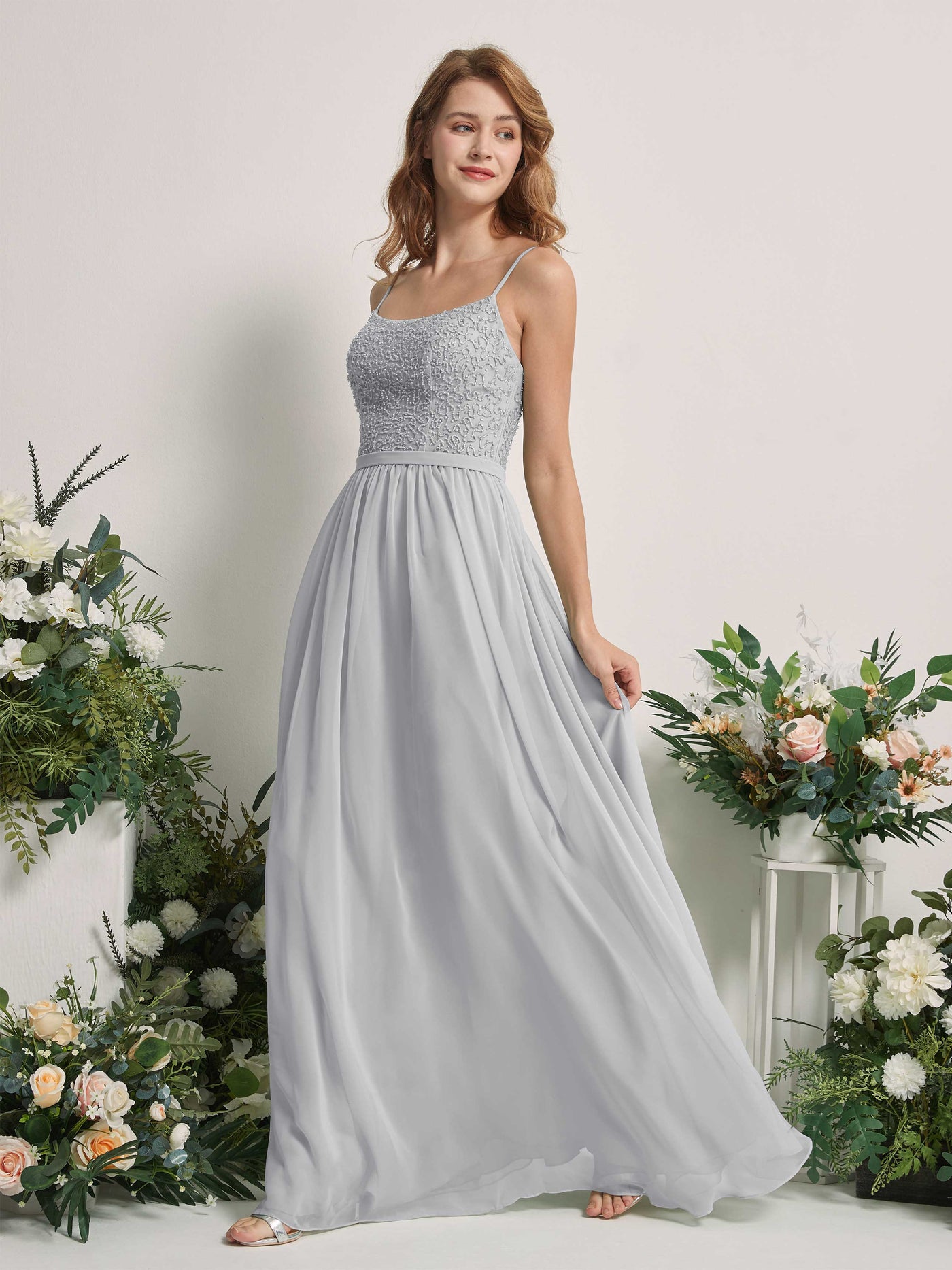 Carlyna Robe Trapèze Encolure dégagée Longue Mousseline Robes de demoiselle d'honneur Argent #couleur_argent