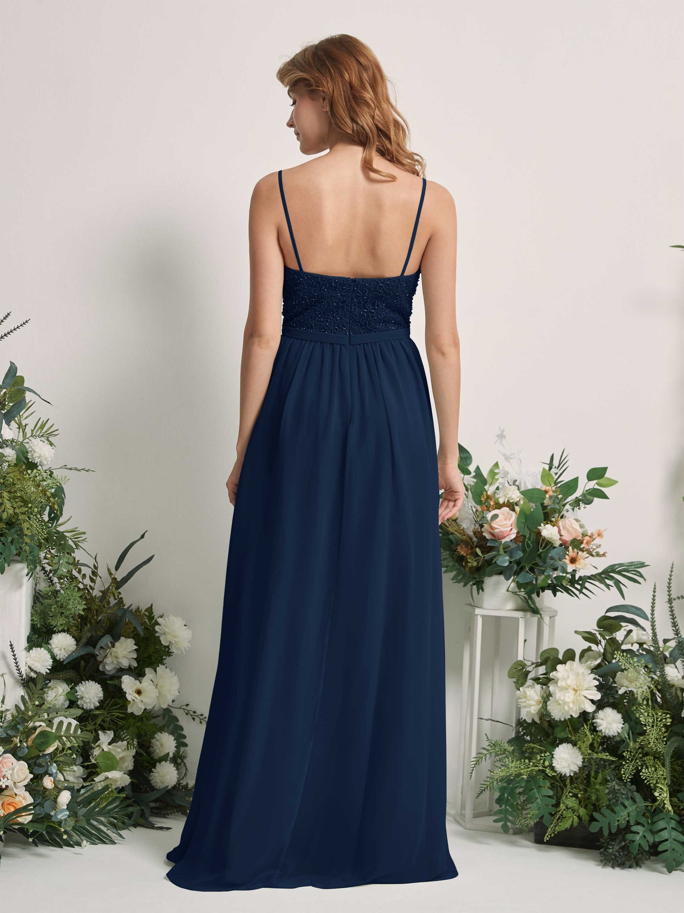 Carlyna Robe Trapèze Encolure dégagée Longue Mousseline Robes de demoiselle d'honneur Bleu Marine #couleur_bleu-marine