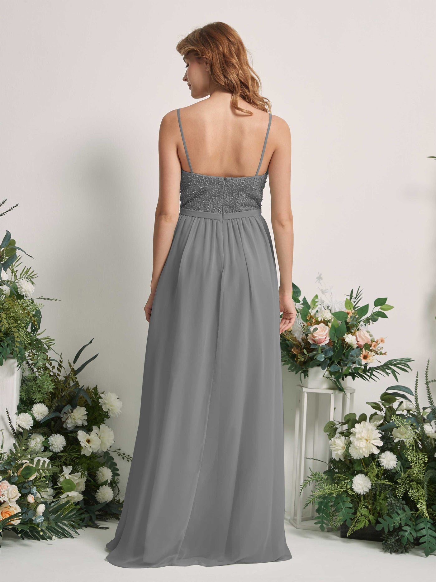 Carlyna Robe Trapèze Encolure dégagée Longue Mousseline Robes de demoiselle d'honneur Gris Acier #couleur_gris-acier