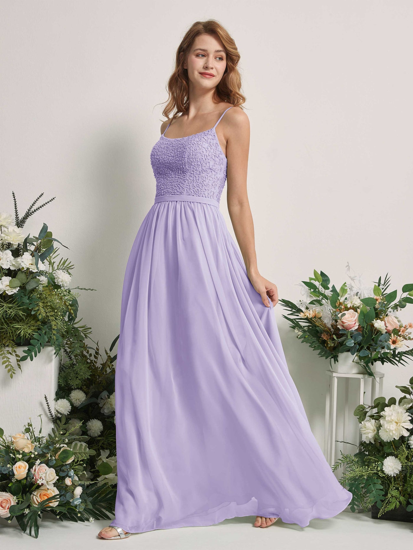 Carlyna Robe Trapèze Encolure dégagée Longue Mousseline Robes de demoiselle d'honneur Lilas #couleur_lilas