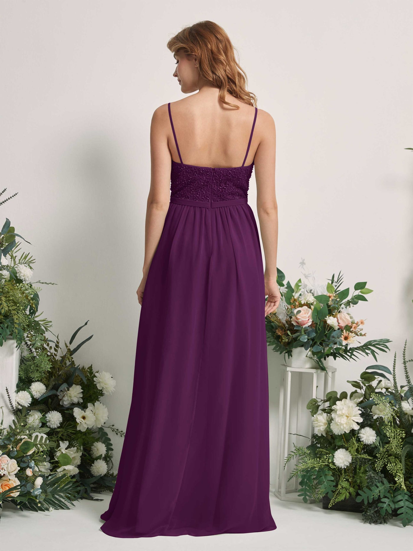 Carlyna Robe Trapèze Encolure dégagée Longue Mousseline Robes de demoiselle d'honneur Pourpre #couleur_pourpre