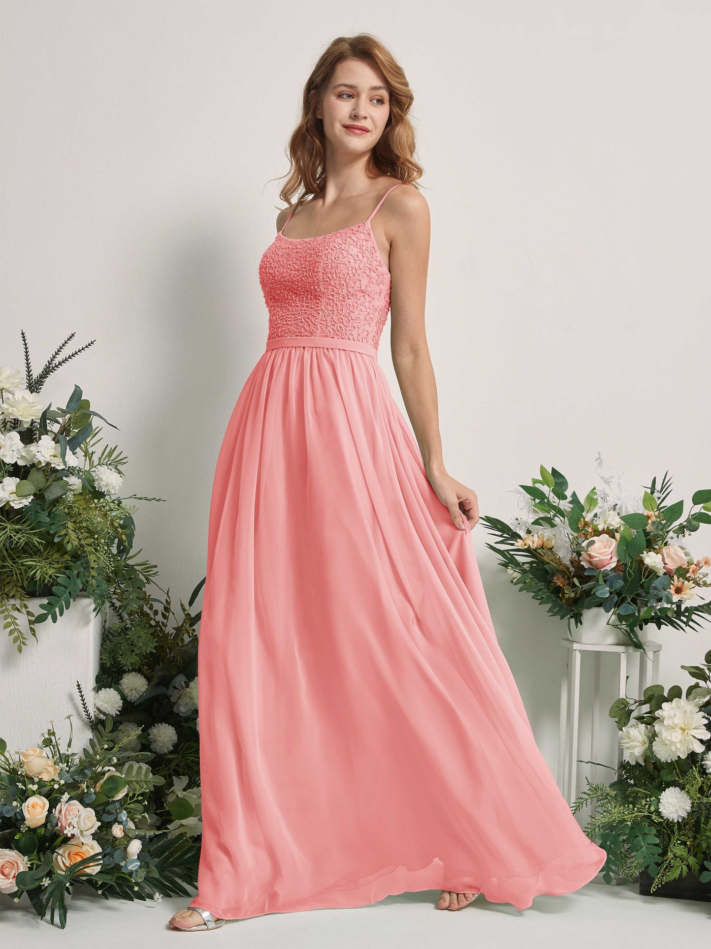 Carlyna Robe Trapèze Encolure dégagée Longue Mousseline Robes de demoiselle d'honneur Rose Ballet #couleur_rose-ballet