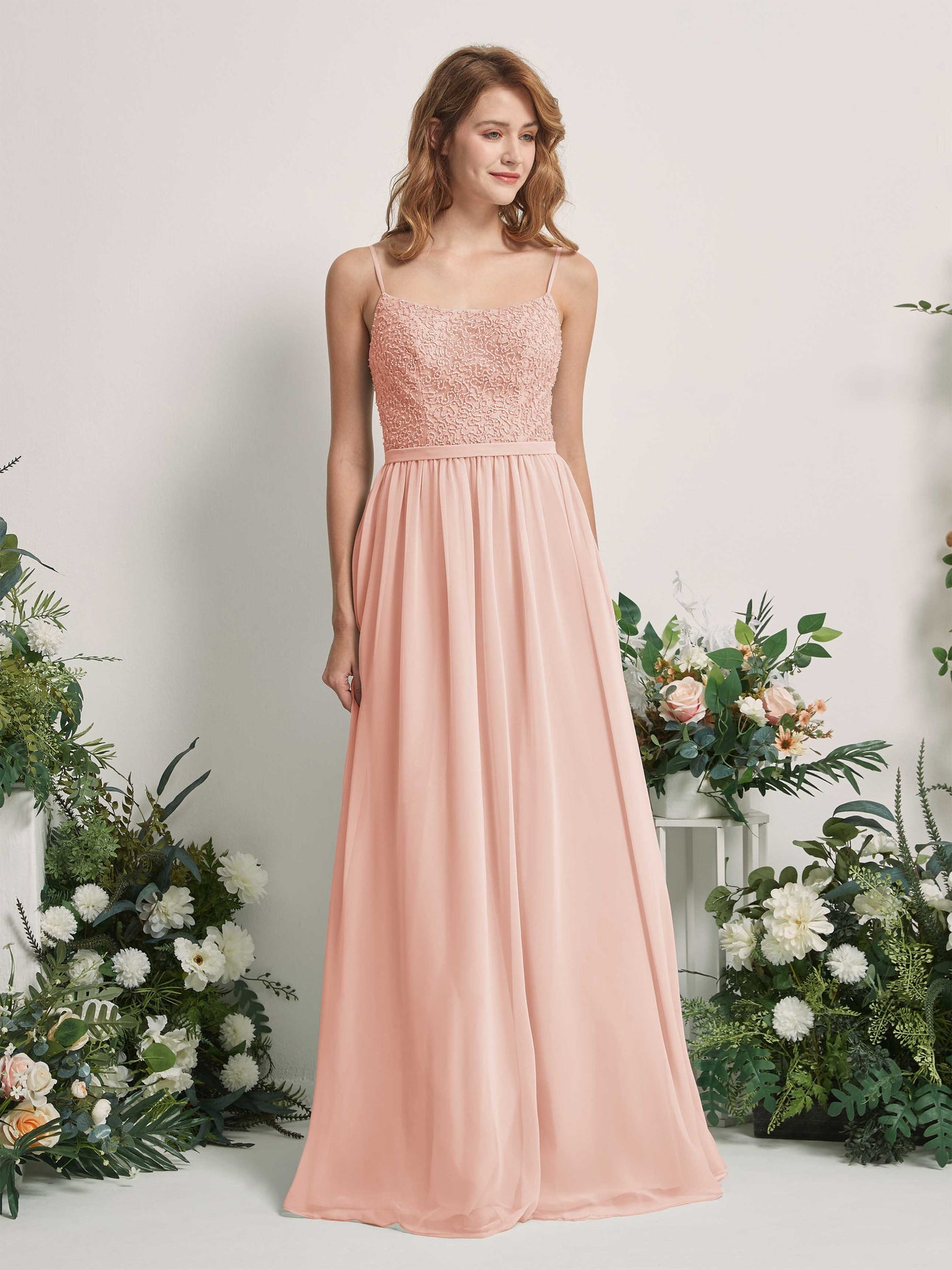 Carlyna Robe Trapèze Encolure dégagée Longue Mousseline Robes de demoiselle d'honneur Rose Perle #couleur_rose-perle