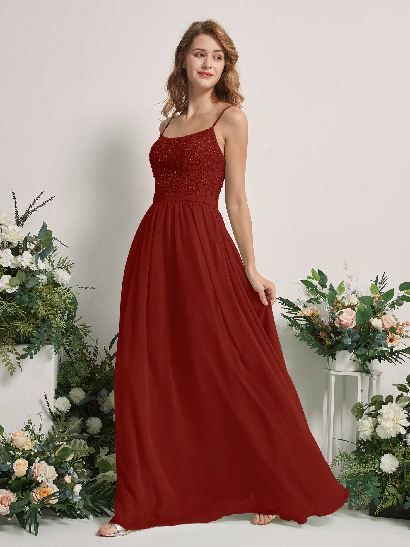 Carlyna Robe Trapèze Encolure dégagée Longue Mousseline Robes de demoiselle d'honneur Rouille #couleur_rouille