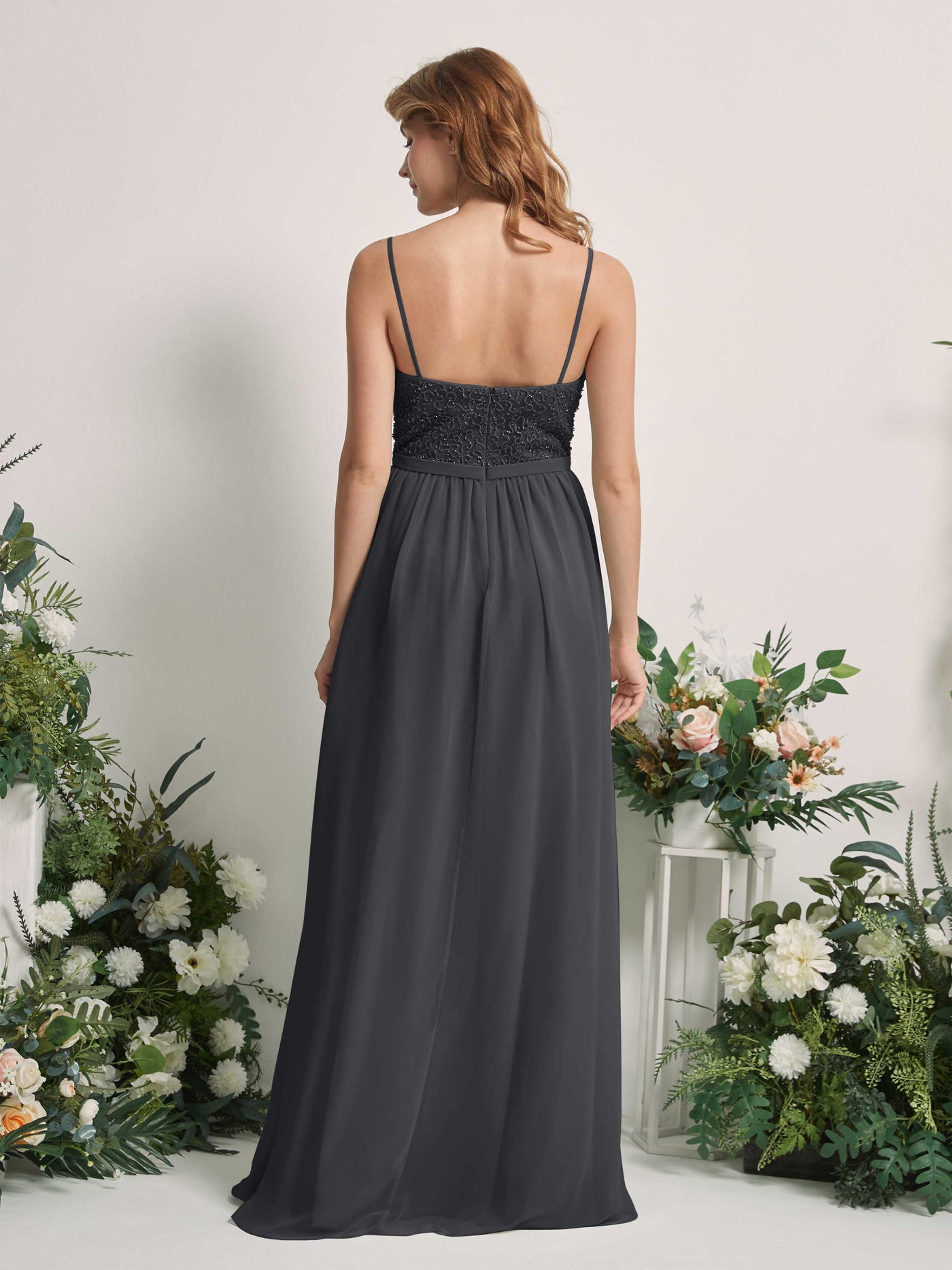 Carlyna Robe Trapèze Encolure dégagée Longue Mousseline Robes de demoiselle d'honneur Étain #couleur_tain