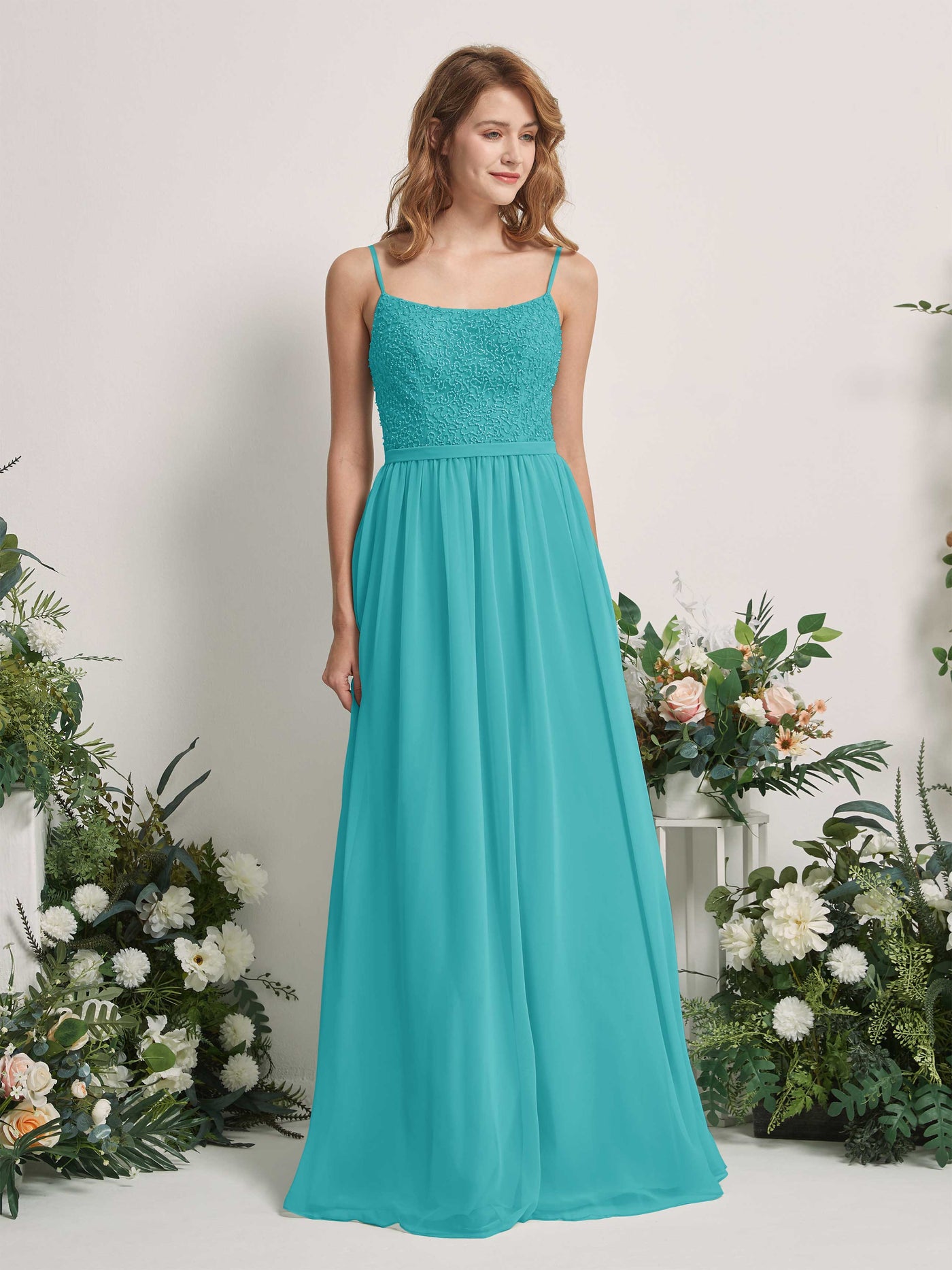 Carlyna Robe Trapèze Encolure dégagée Longue Mousseline Robes de demoiselle d'honneur Turquoise #couleur_turquoise