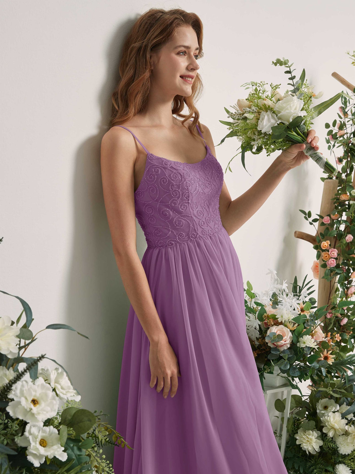 Carlyna Robe trapèze encolure dégagée longueur ras du sol mousseline demoiselle d'honneur Brume Orchidée #couleur_brume-orchid-e