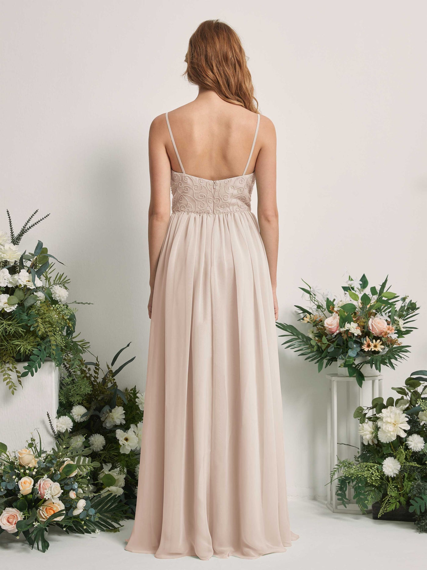 Carlyna Robe trapèze encolure dégagée longueur ras du sol mousseline demoiselle d'honneur Champagne #couleur_champagne