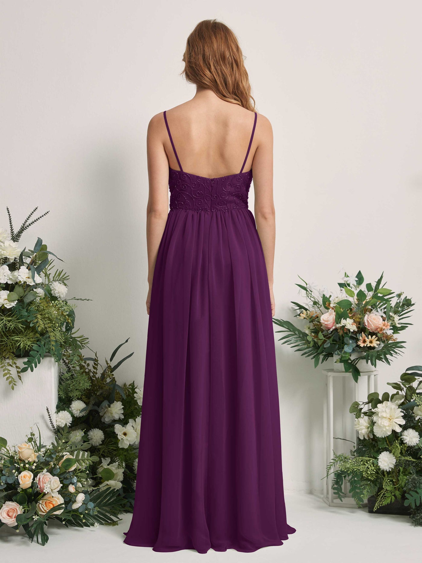 Carlyna Robe trapèze encolure dégagée longueur ras du sol mousseline demoiselle d'honneur Pourpre #couleur_pourpre