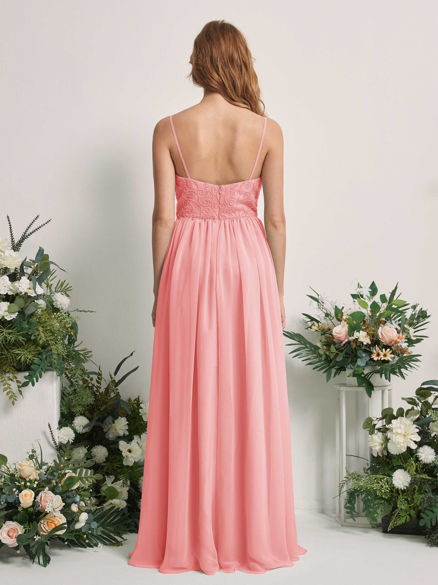 Carlyna Robe trapèze encolure dégagée longueur ras du sol mousseline demoiselle d'honneur Rose Ballet #couleur_rose-ballet
