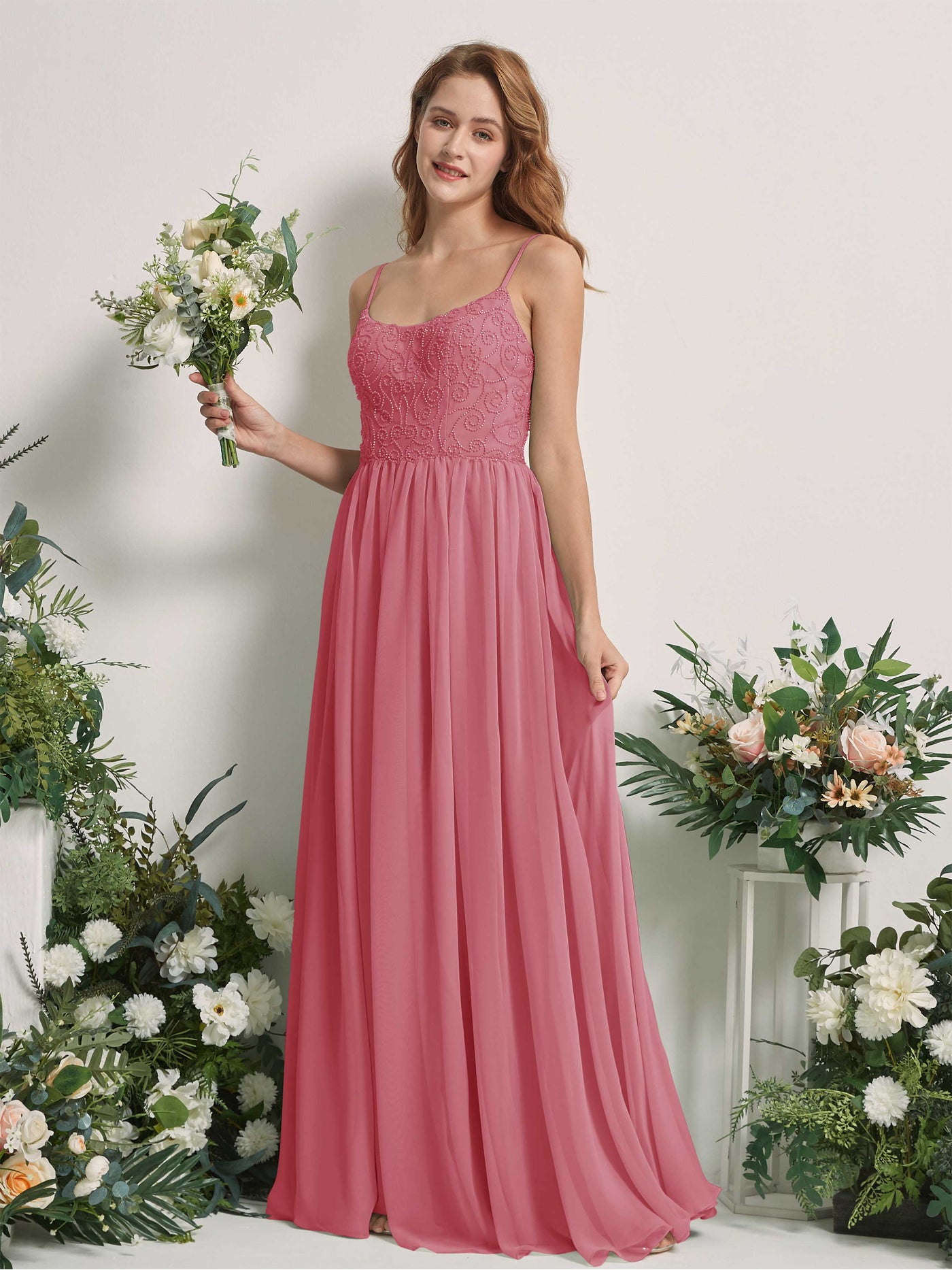 Carlyna Robe trapèze encolure dégagée longueur ras du sol mousseline demoiselle d'honneur Rose Du Désert #couleur_rose-du-d-sert