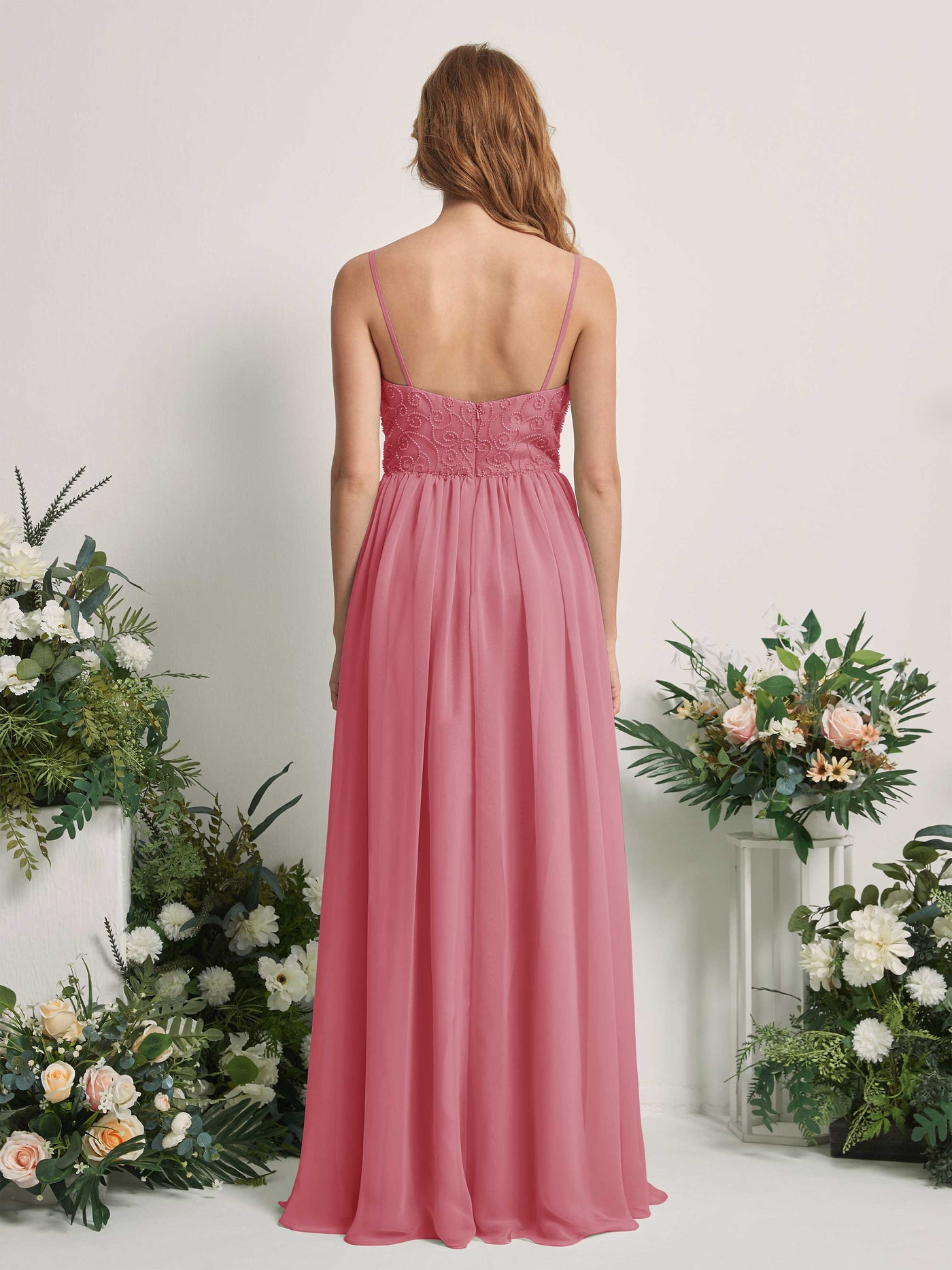 Carlyna Robe trapèze encolure dégagée longueur ras du sol mousseline demoiselle d'honneur Rose Du Désert #couleur_rose-du-d-sert